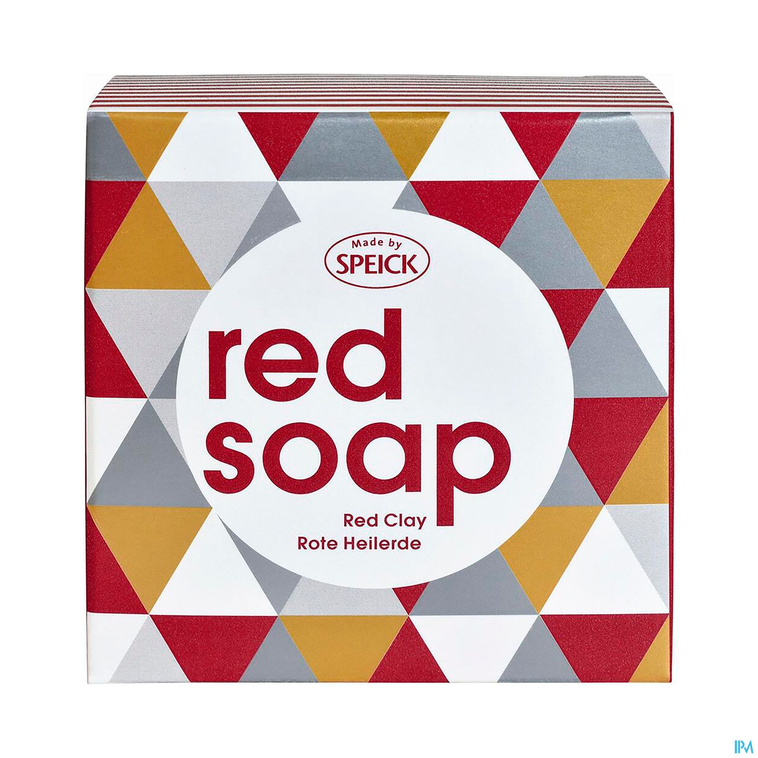 Verpackung von "red soap" mit geometrischem Muster in Rot, Grau und Gelb, Aufdruck "Made by SPEICK" und den Begriffen "Red Clay" und "Rote Heilerde".