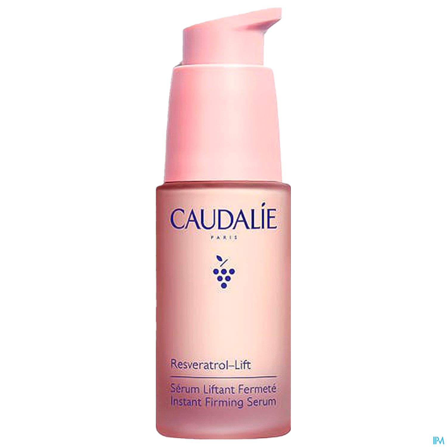 Flasche mit Resveratrol-Lift Serum von Caudalie, pinker Pumpflasche mit weißem und goldfarbenem Etikett.