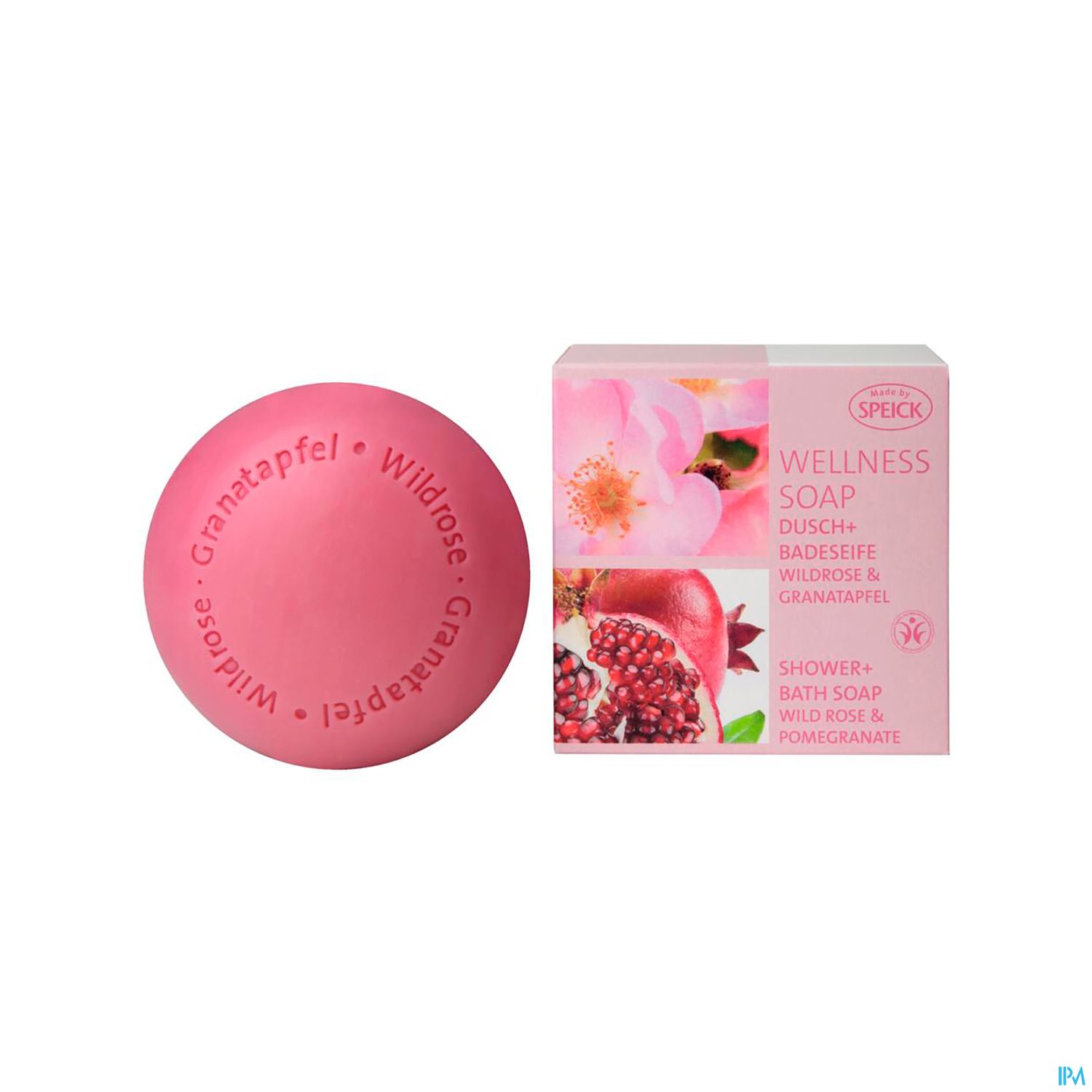 Runde, pinke Seife mit der Aufschrift "Granatapfel - Wildrose" neben einer Verpackung mit ähnlichem Design.