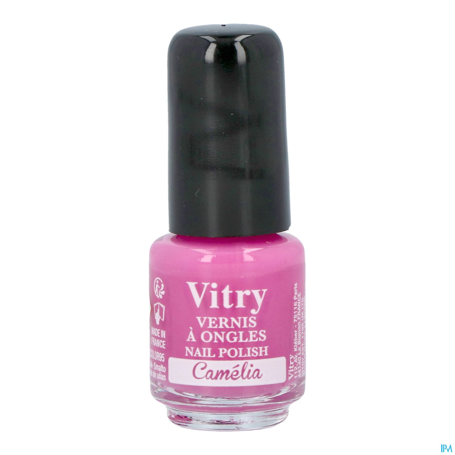 Nagellackflasche in Pink mit schwarzem Deckel und der Aufschrift "Vitry Vernis à Ongles Nail Polish Camélia".