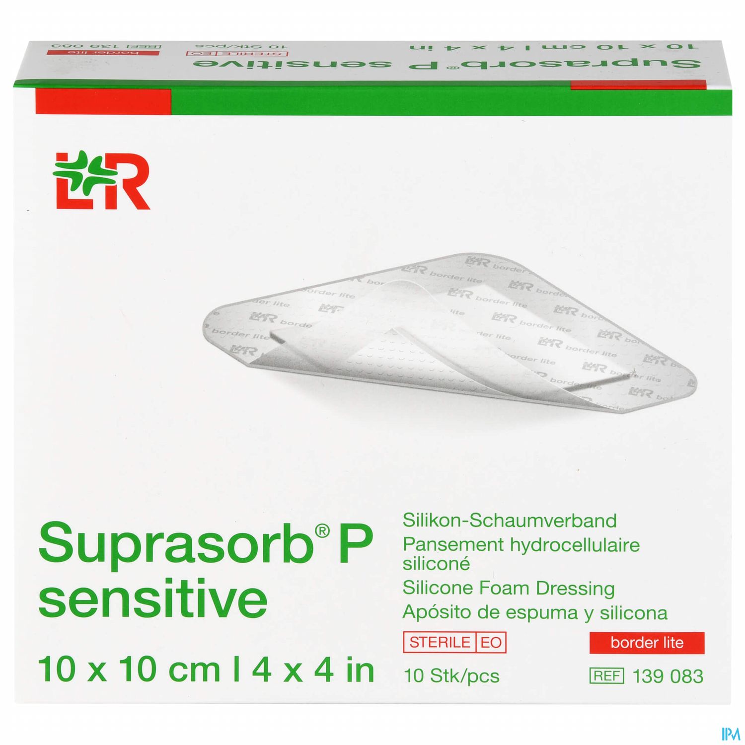 Packung mit Suprasorb P sensitive, einem silikonbasierten Schaumverband, Größe 10 x 10 cm, enthält 10 Stück.
