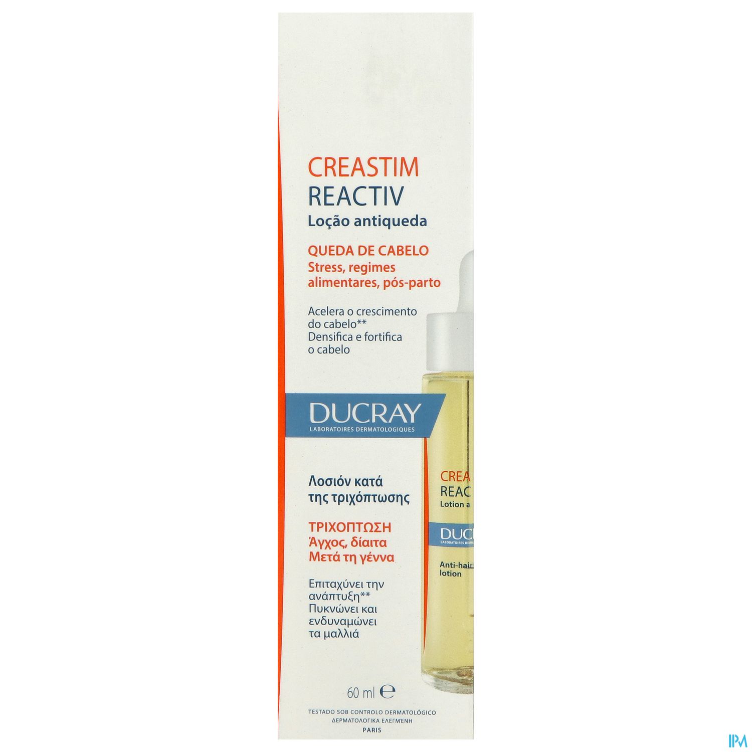 Produktverpackung für CREASTIM REACTIV Lotion gegen Haarausfall von Ducray, 60 ml, mit Beschreibung der Anwendung und Inhaltsstoffe.