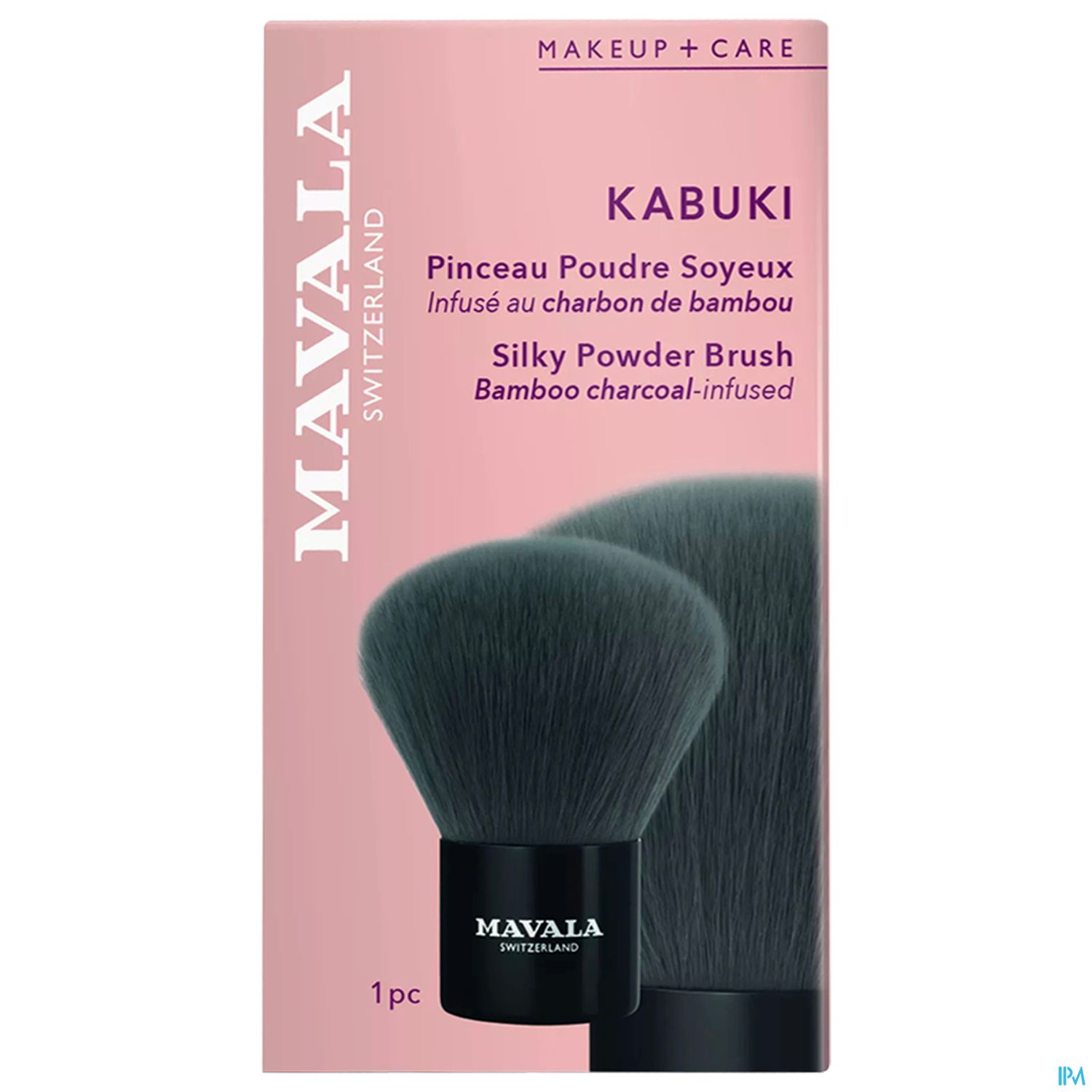 Verpackung eines Mavala Kabuki-Pinsels, der mit Bambus und Aktivkohle infundiert ist.