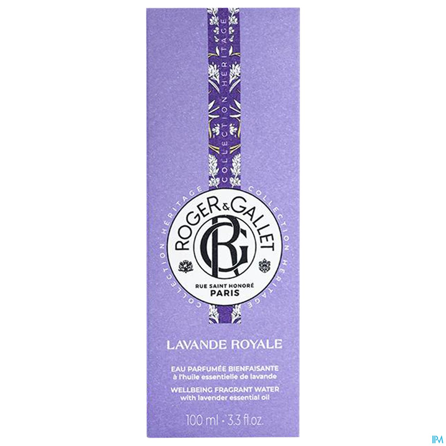 Lila Verpackung mit dem Aufdruck "Lavande Royale" von Roger & Gallet, mit einem Logo in der Mitte und Angaben zu Inhalt und Duft.