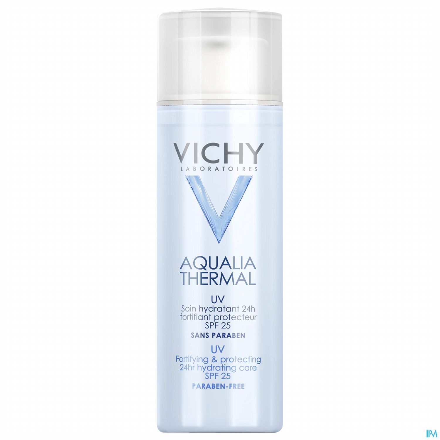 Flasche mit Vichy Aqualia Thermal UV, 24h Feuchtigkeitspflege mit SPF 25, in blauer Verpackung ohne Parabene.