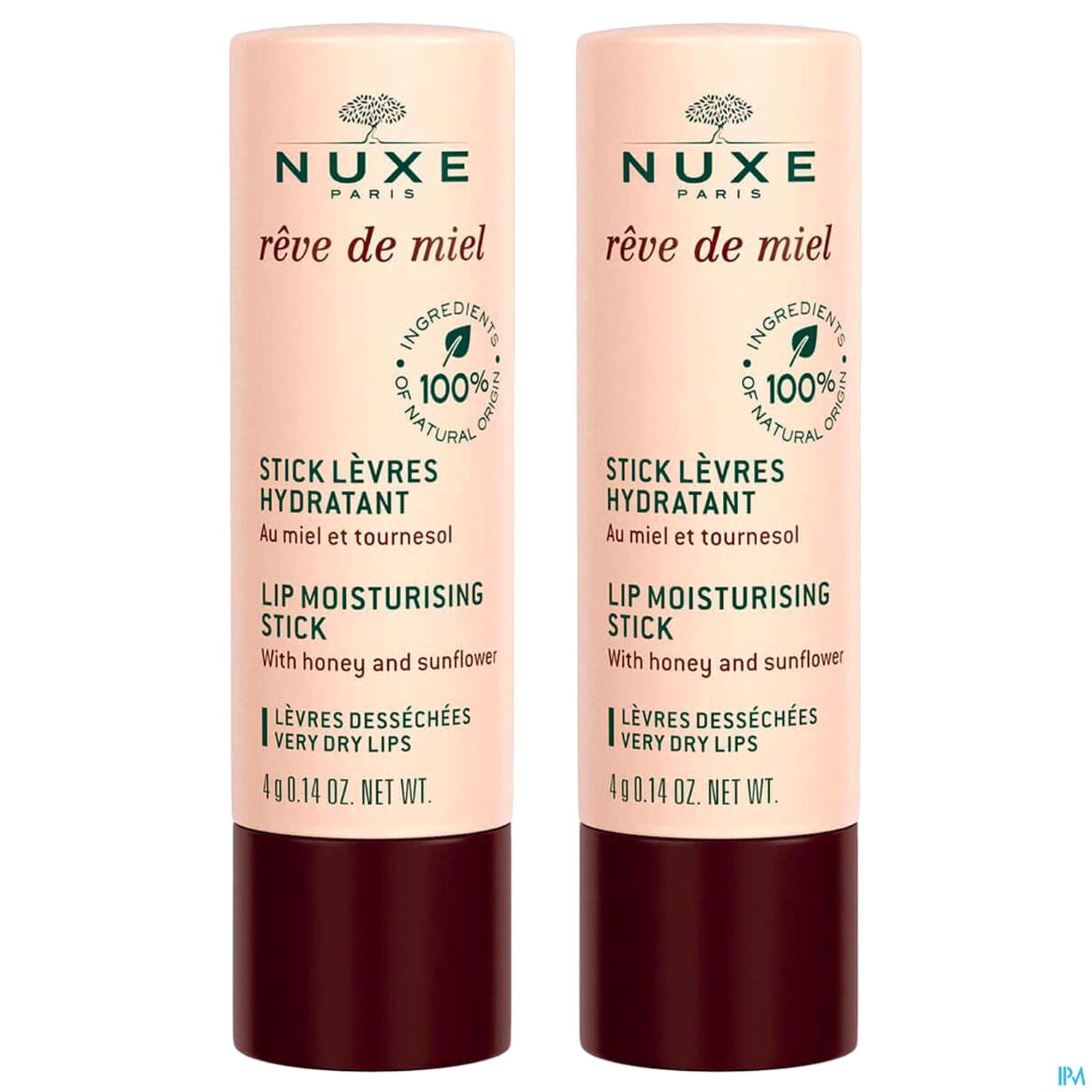 Zwei Lippenpflegestifte von NUXE mit der Bezeichnung „rêve de miel“, die mit Honig und Sonnenblume angereichert sind.