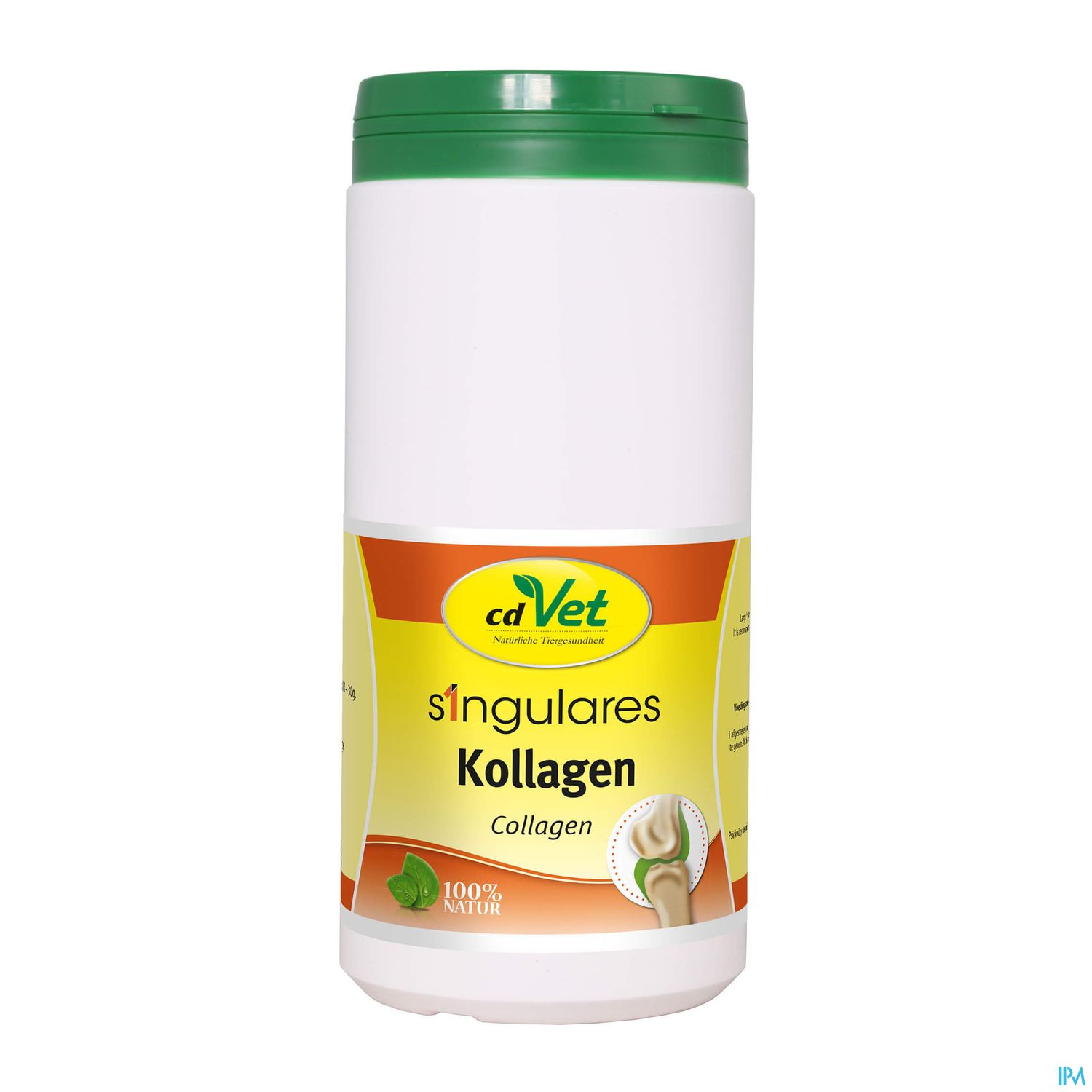 Behälter mit cdVet "singulares Kollagen" in weißer und gelber Verpackung, mit grünem Deckel und dem Hinweis "100% Natur".