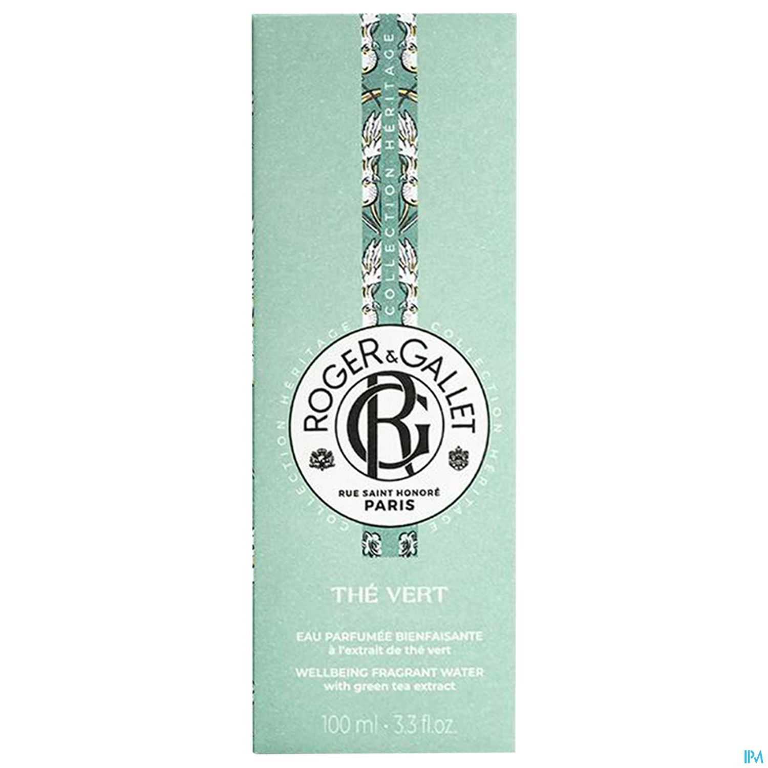 Produktverpackung von Roger & Gallet mit der Aufschrift "Thé Vert" und Informationen über das wohlriechende Wasser mit grünem Tee-Extrakt.