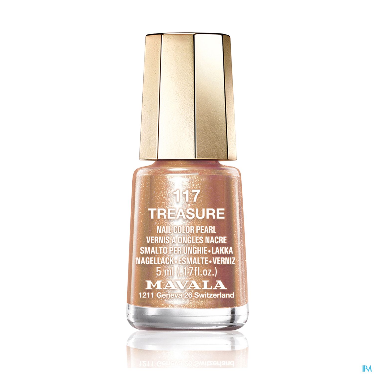 Flasche mit perlmuttfarbenem Nagellack der Marke Mavala, Bezeichnung "117 TREASURE", 5 ml.