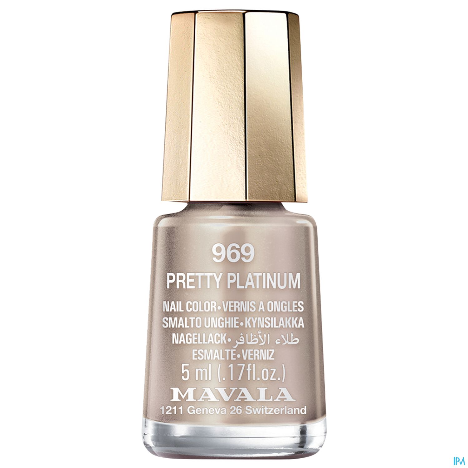 Nagellackflasche mit der Bezeichnung "Pretty Platinum" von Mavala in einer neutralen, glänzenden Farbe.
