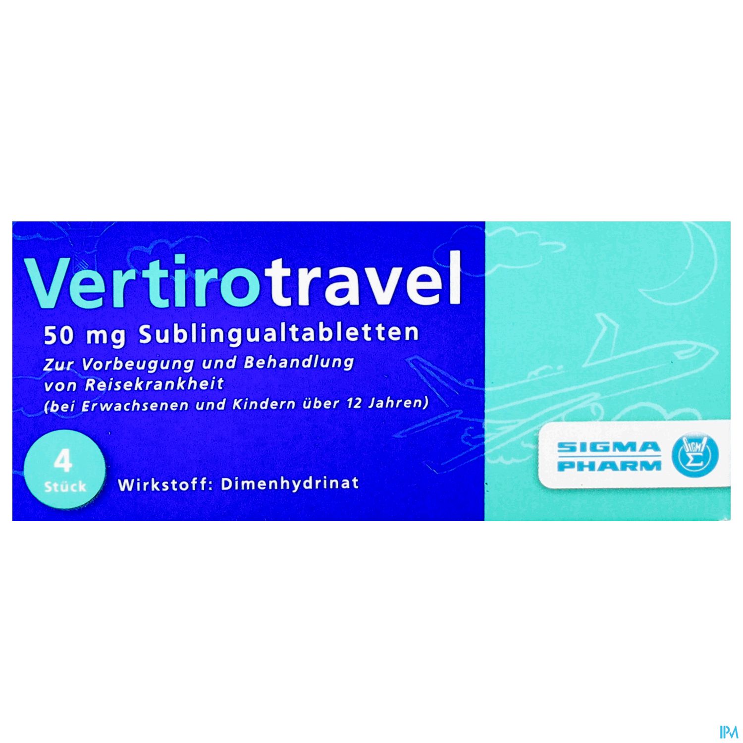 Packung mit Vertirotravel 50 mg Sublingualtabletten zur Behandlung von Reisekrankheit, 4 Stück, Sigma-Pharm.
