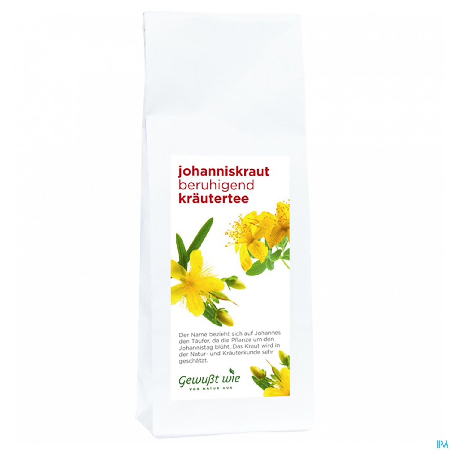 Verpackung für Johanniskraut Kräutertee mit gelben Blüten und Beschreibungstext.