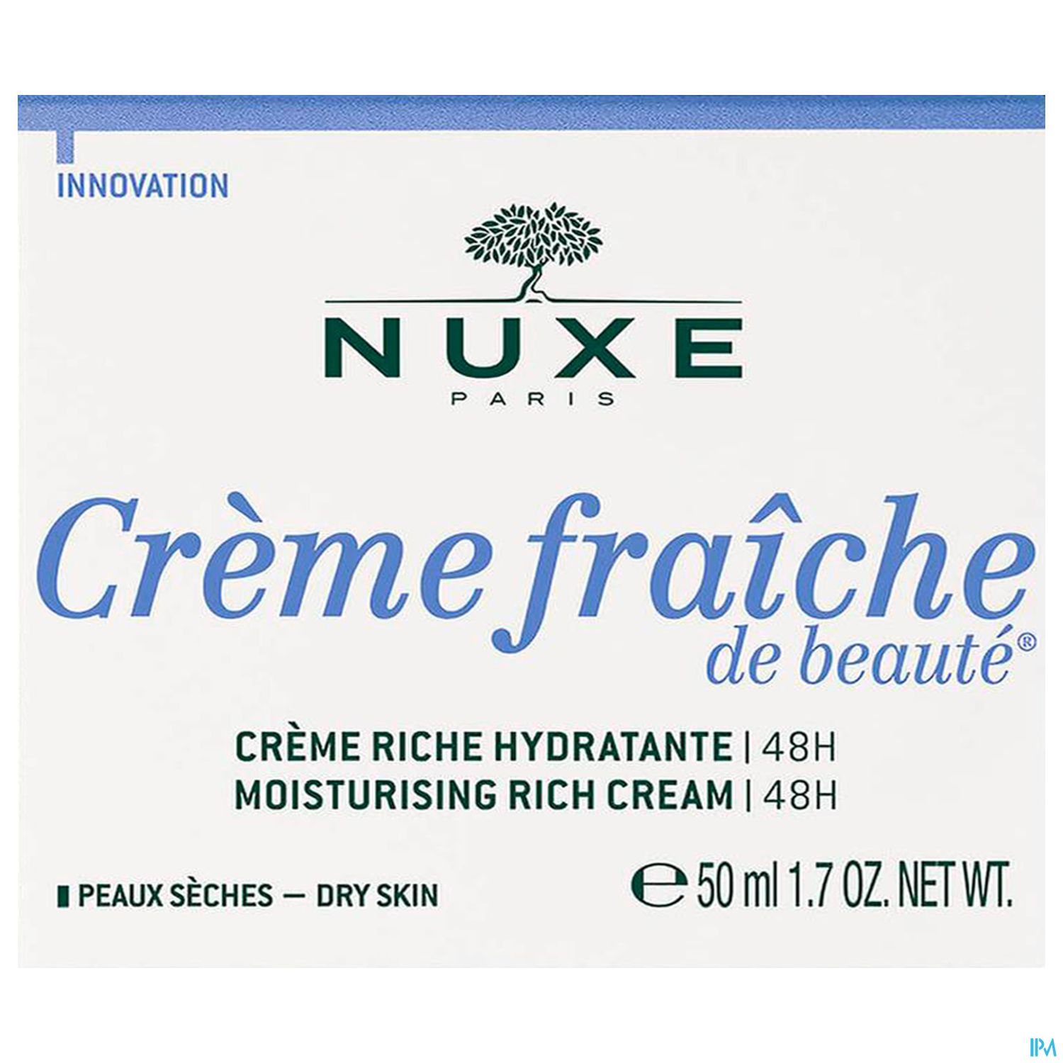 Packungsdesign von NUXE Crème fraîche de beauté, 50 ml, für trockene Haut mit Angabe zur Hydratation für 48 Stunden.