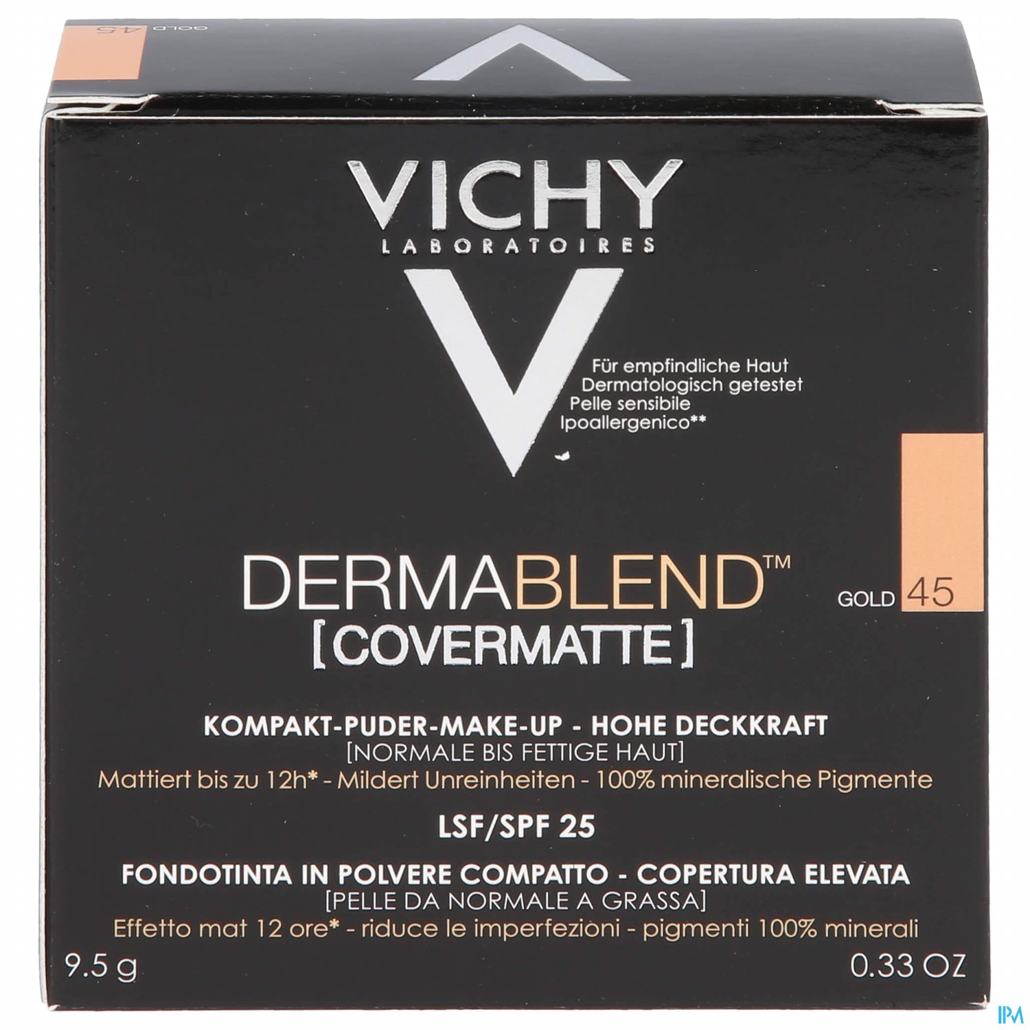Schwarze Verpackung mit der Aufschrift "VICHY DERMABLEND [COVERMATTE] GOLD 45", Informationen zu den Eigenschaften des Produkts und dem LSF/SPF 25.