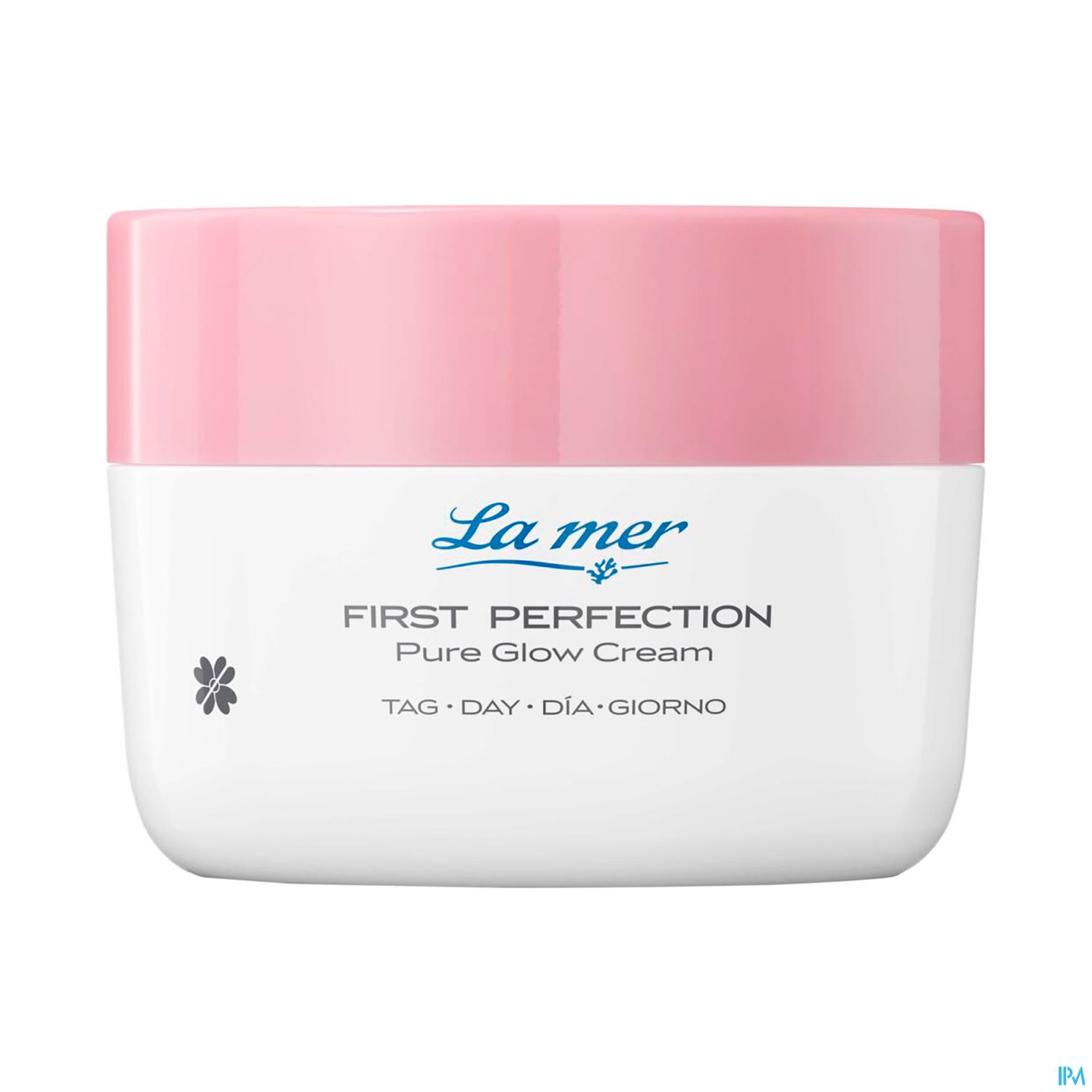 Tiegel mit "La mer FIRST PERFECTION Pure Glow Cream" auf weißer und pinker Verpackung.