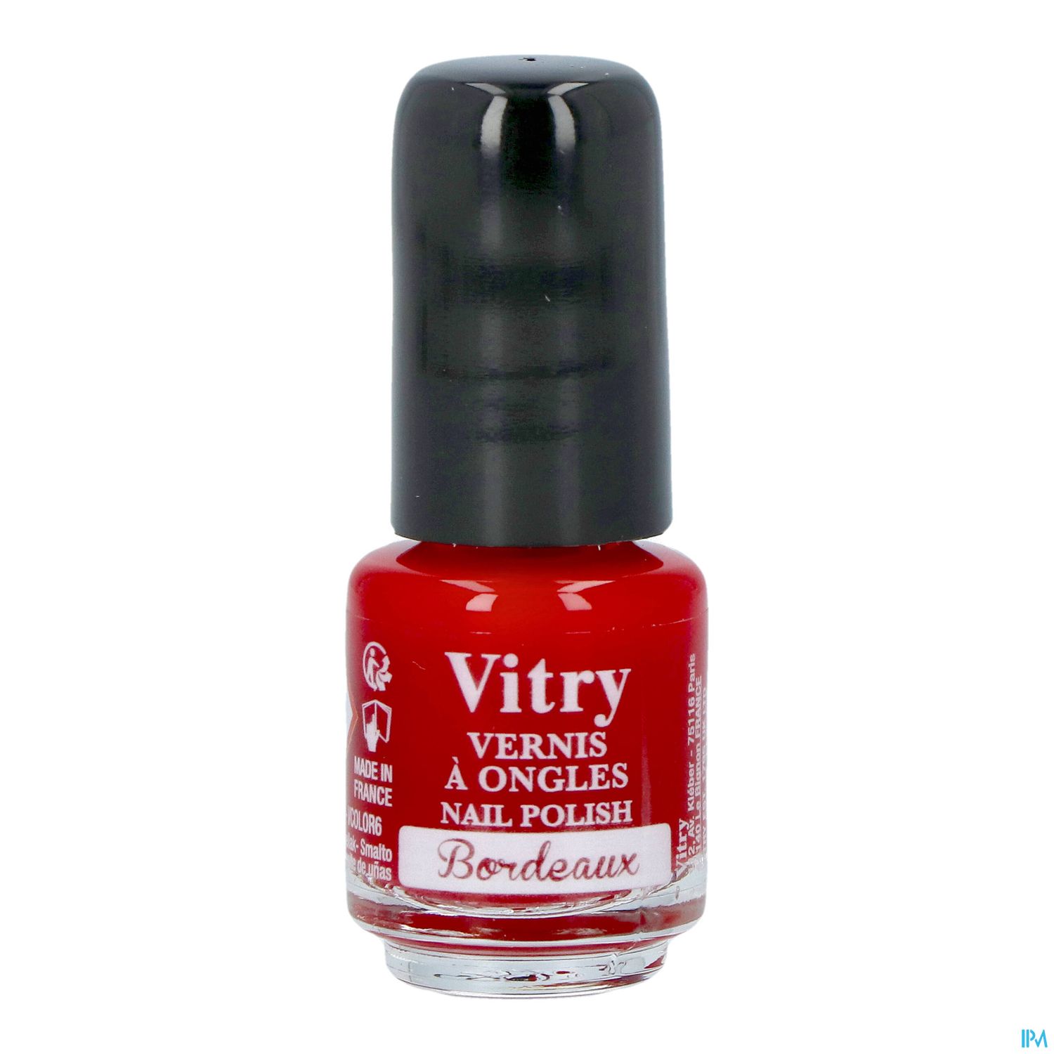 Lackflasche mit rotem Nagellack von Vitry, beschriftet mit "Vernis à Ongles" und "Bordeaux".