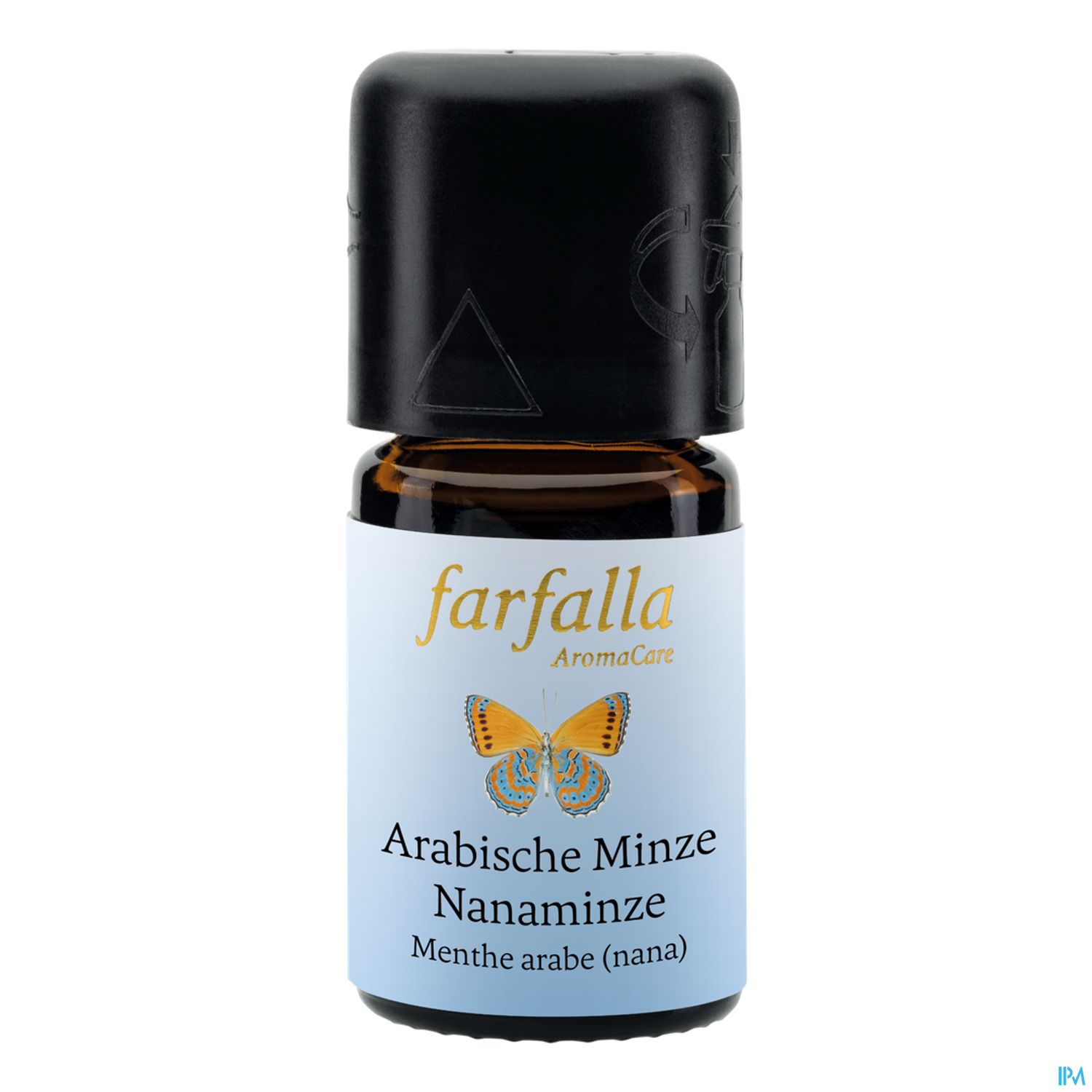 Braunglasflasche mit schwarzem Deckel, Etikett mit der Aufschrift "farfalla AromaCare Arabische Minze Nanaminze".
