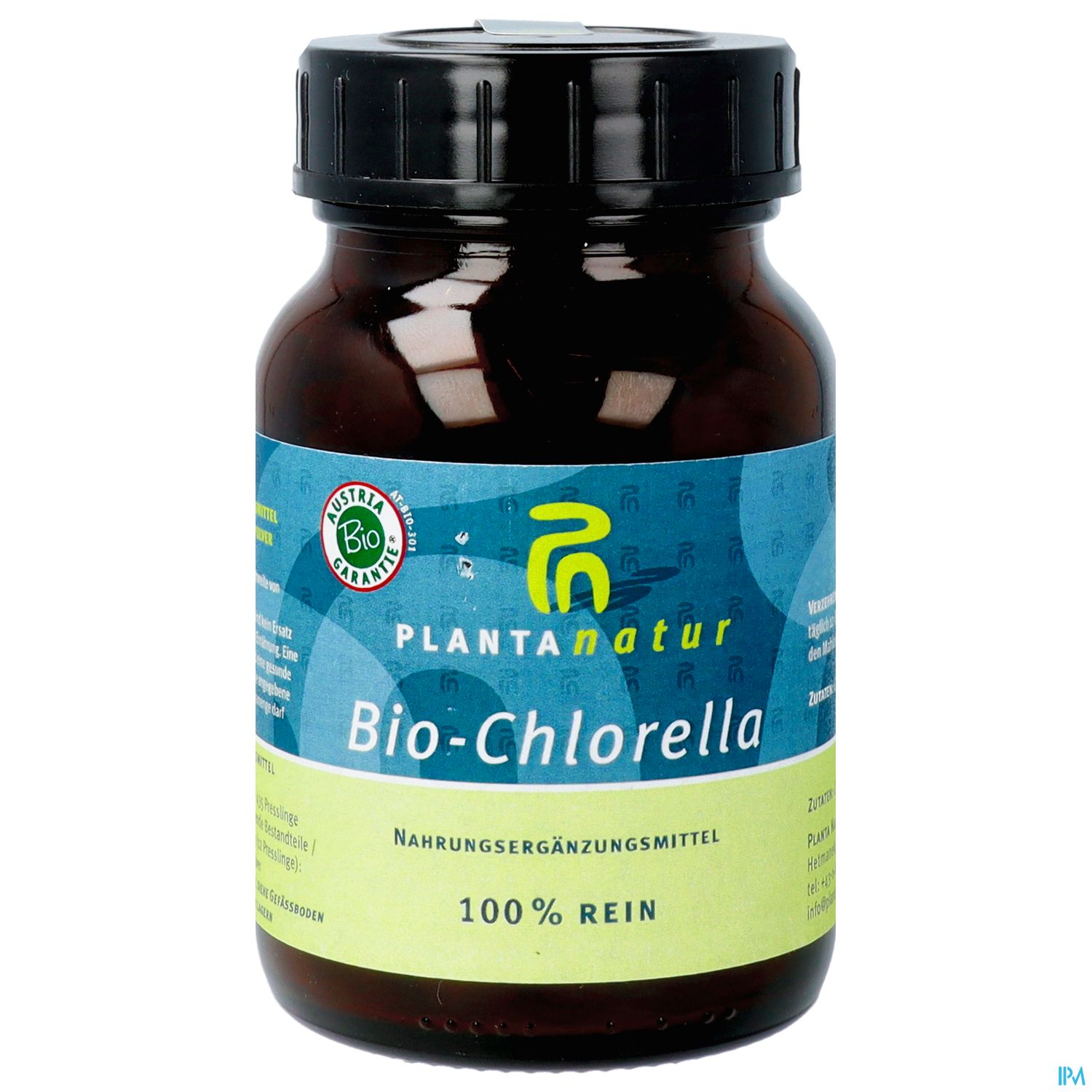 Braunglasflasche mit grüner Etikettierung für Bio-Chlorella, Nährstoffergänzungsmittel, in deutscher Sprache.