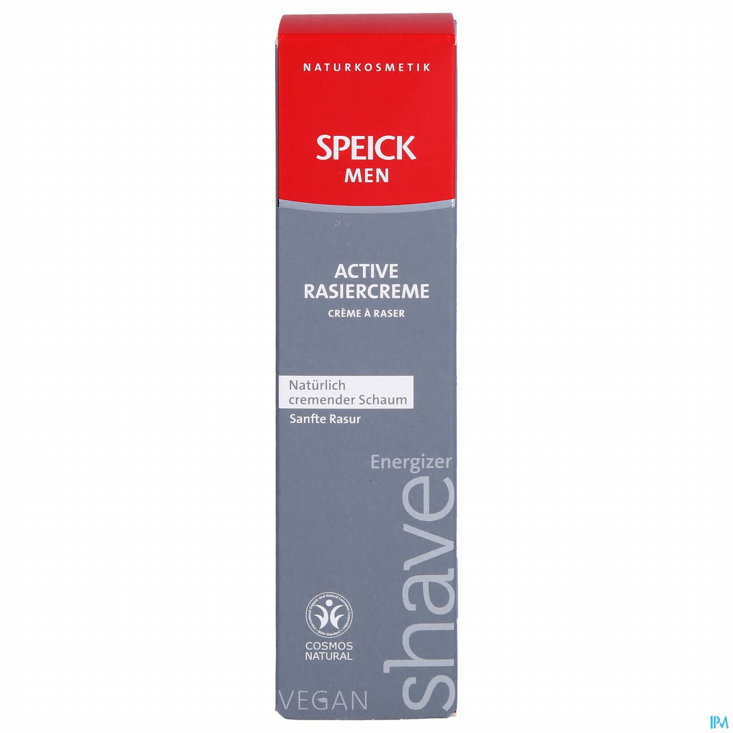 Verpackung der Speick Men Active Rasiercreme mit Hinweis auf natürliche Inhaltsstoffe, vegan und für sanfte Rasur geeignet.