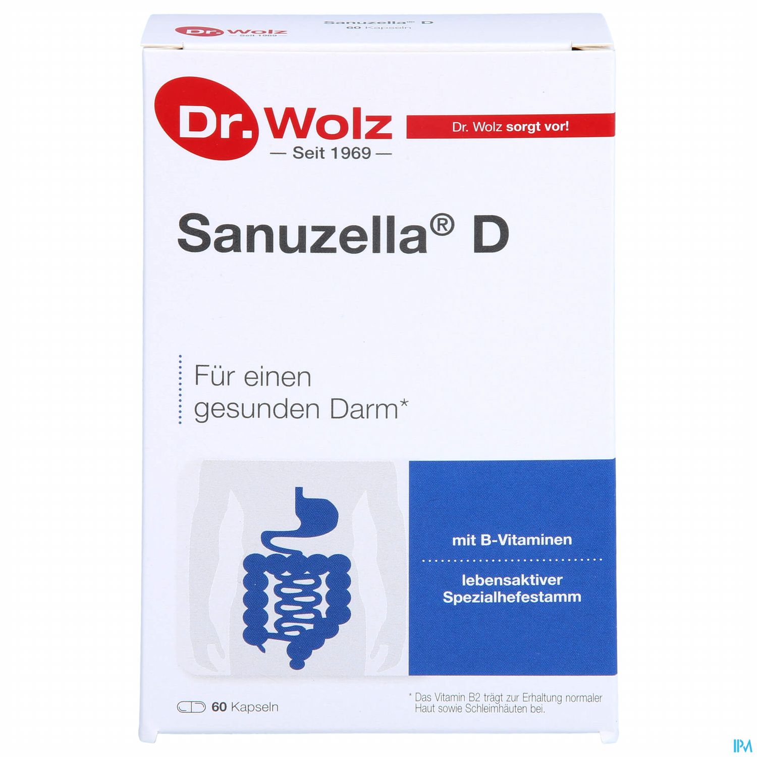 Verpackung von Dr. Wolz Sanuzella D mit dem Hinweis "Für einen gesunden Darm" und einer Abbildung des Verdauungssystems.