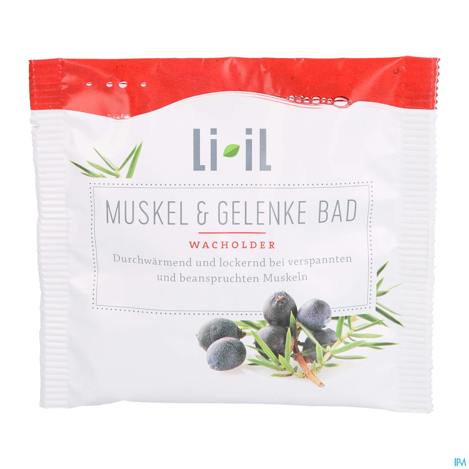 Packung für Li-iL Muskel & Gelenke Bad mit Wacholder, Beschreibung auf weißem Hintergrund.