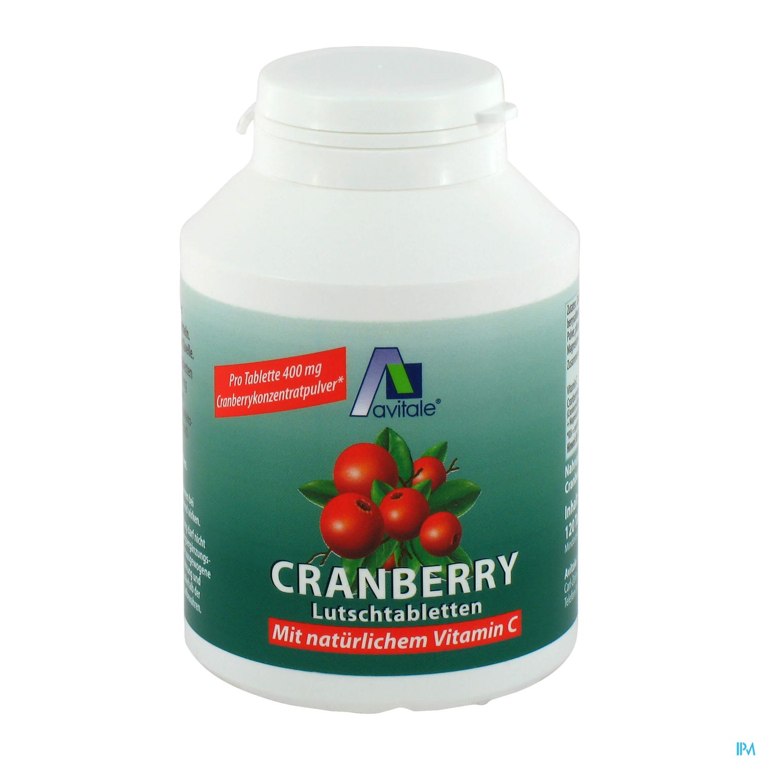 Weißer Plastikbehälter mit rotem Etikett, der Cranberry-Lutschtabletten mit natürlichem Vitamin C anbietet.