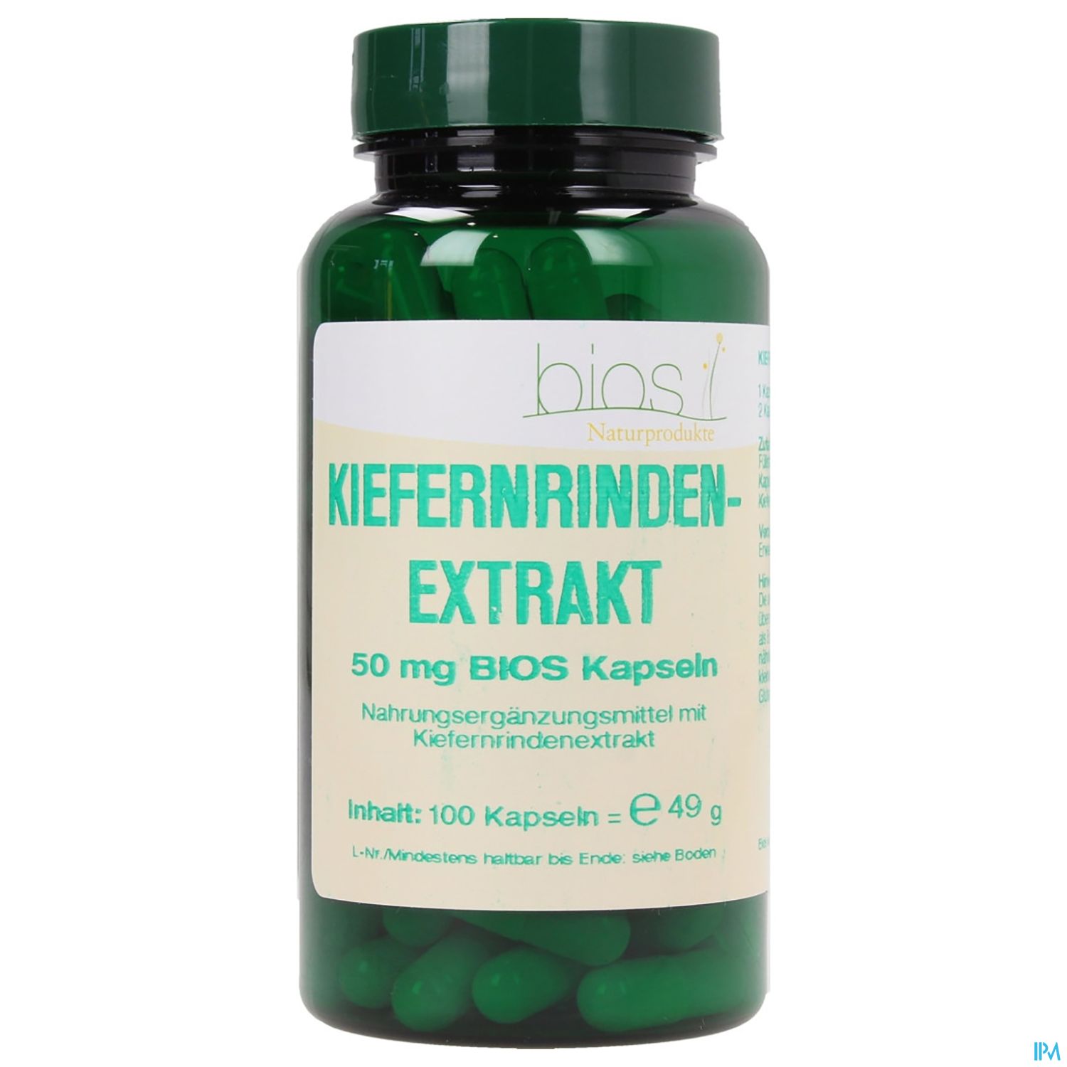 Grüne Kapseln in einer transparenten Flasche mit dem Etikett "Kiefernrindenextrakt" und Inhaltsangaben.