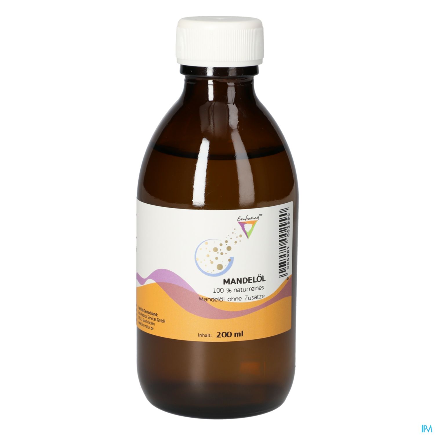 Braune Glasflasche mit schwarzem Schraubverschluss, gefüllt mit Mandelöl, beschriftet mit "Mandelöl 100 % rein, 200 ml".