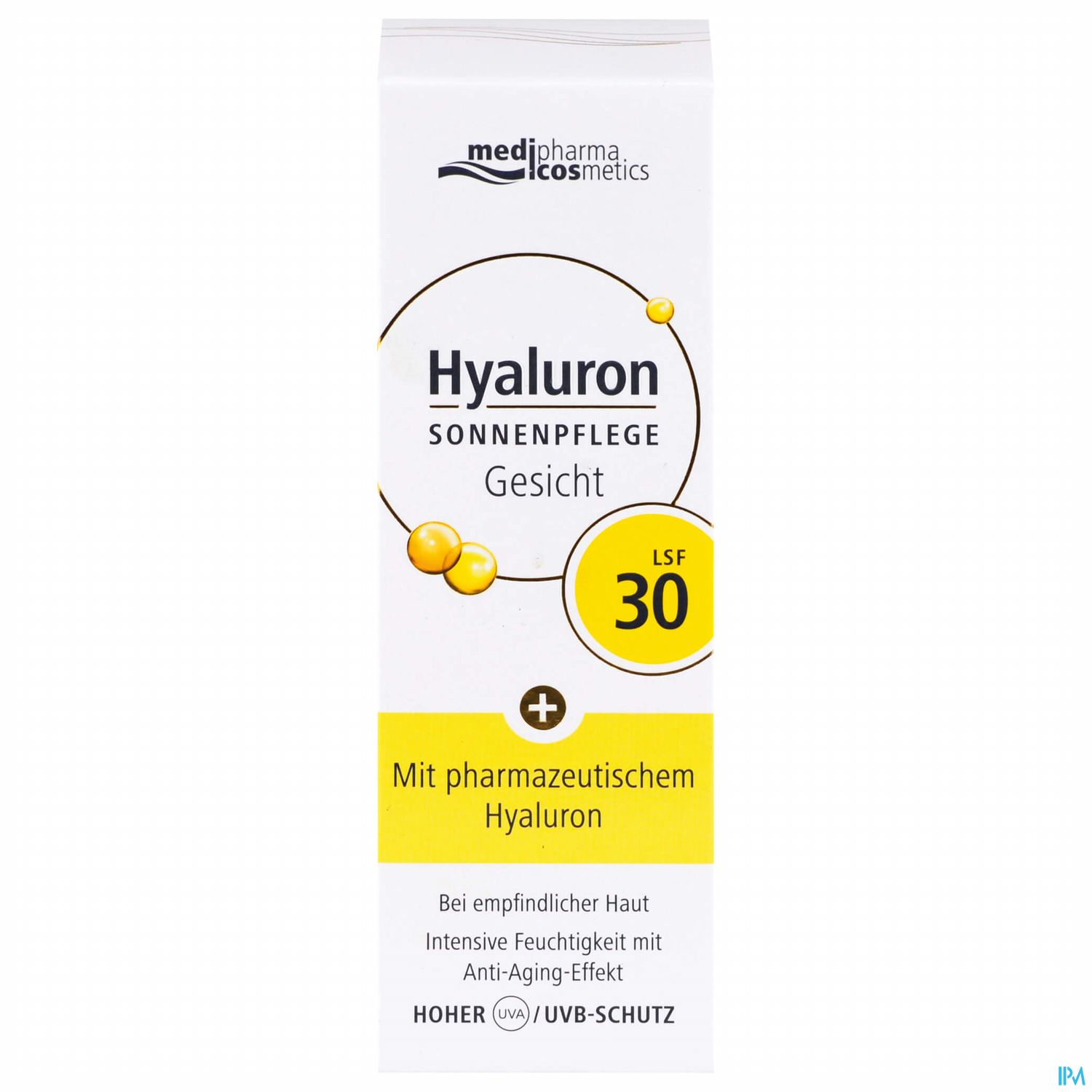 Verpackung der Hyaluron Sonnenpflege für das Gesicht mit Lichtschutzfaktor 30.