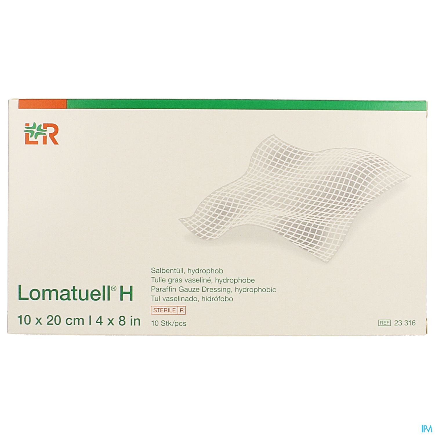 Packung mit Lomatuell® H, sterile, hydrophobe Wundauflagen, Größe 10x20 cm, 10 Stück.