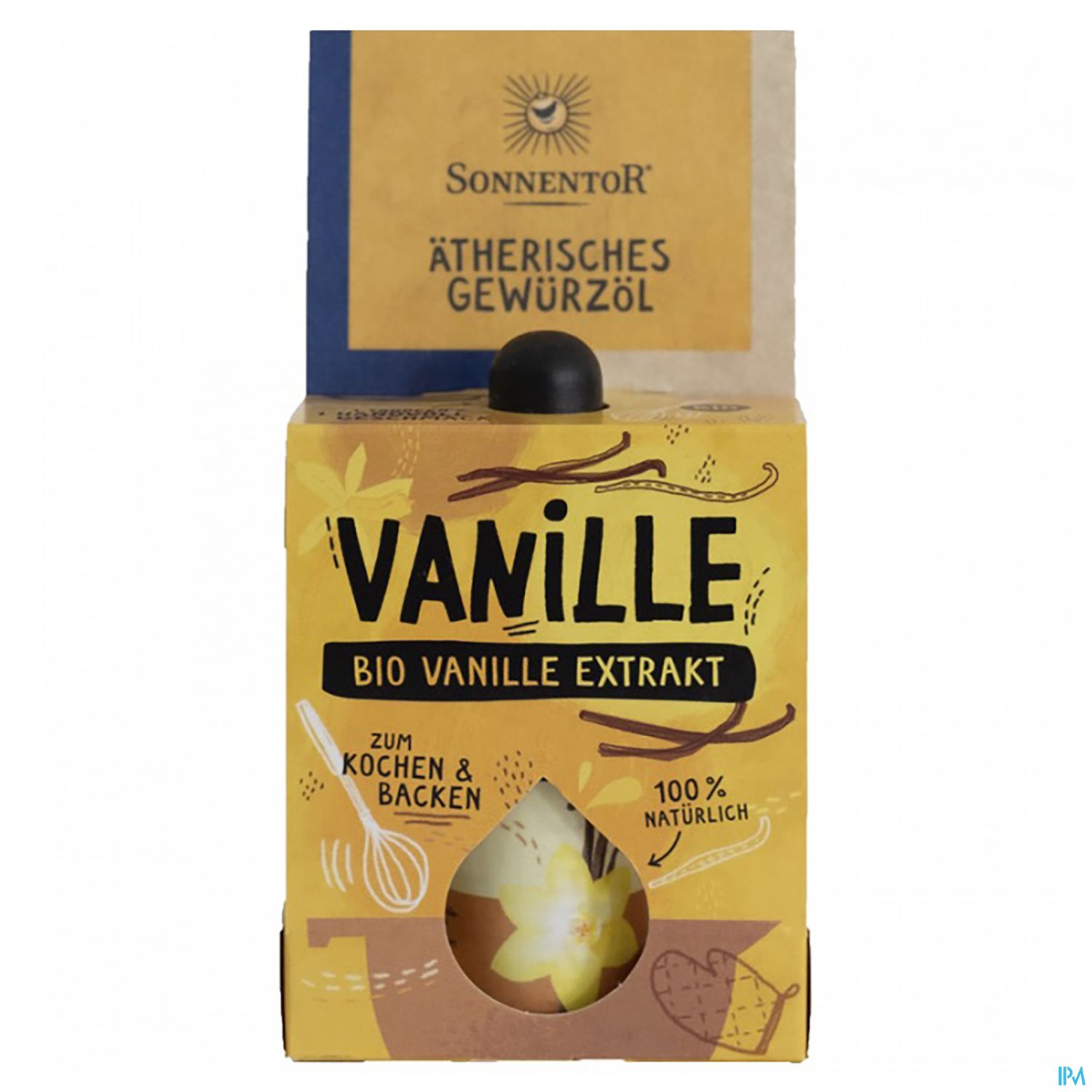 Verpackung von Sonnentor Bio Vanille Extrakt mit der Aufschrift "Vanille" und Illustrationen zum Kochen und Backen.