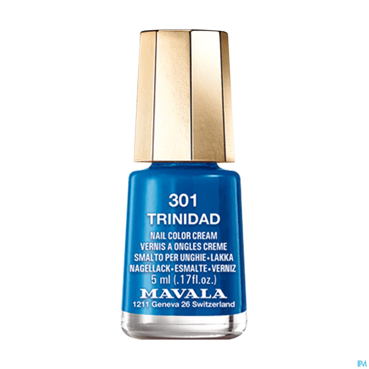 Nagellackflasche in Blau mit goldenem Verschluss, Beschriftung "301 TRINIDAD" und "MAVALA".