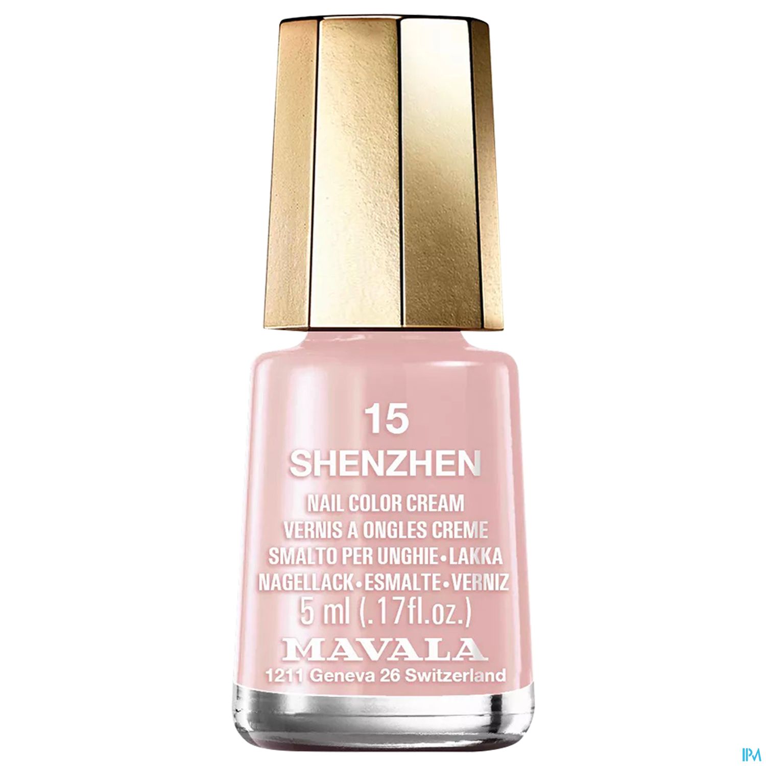 Nagellackflasche in zartem Rosa mit goldfarbenem Deckel, beschriftet mit "15 SHENZHEN" und Informationen zum Produkt.