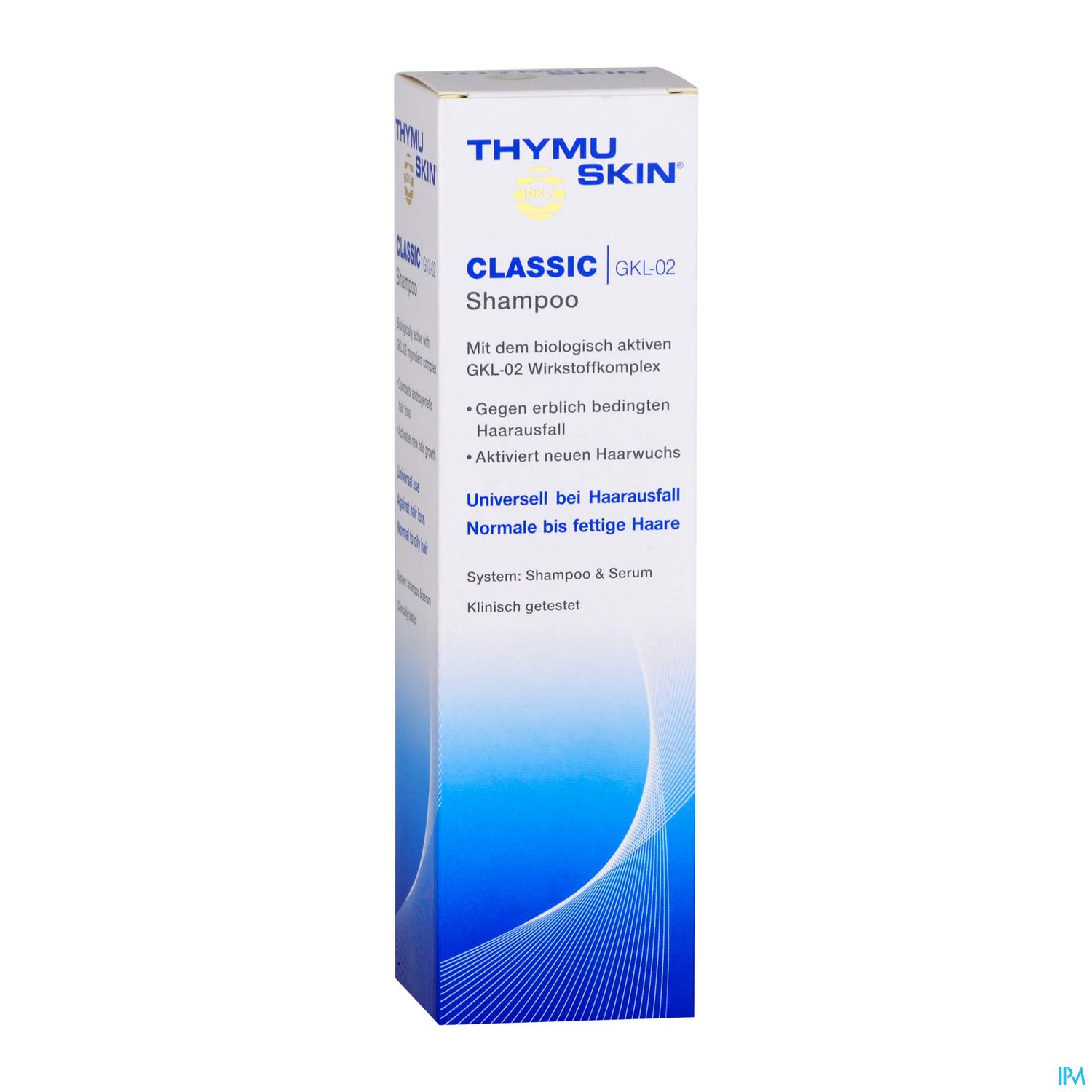 Schachtel mit Thymu Skin Classic Shampoo, die Informationen über die Wirksamkeit gegen Haarausfall und die Aktivierung von neuem Haarwuchs enthält.