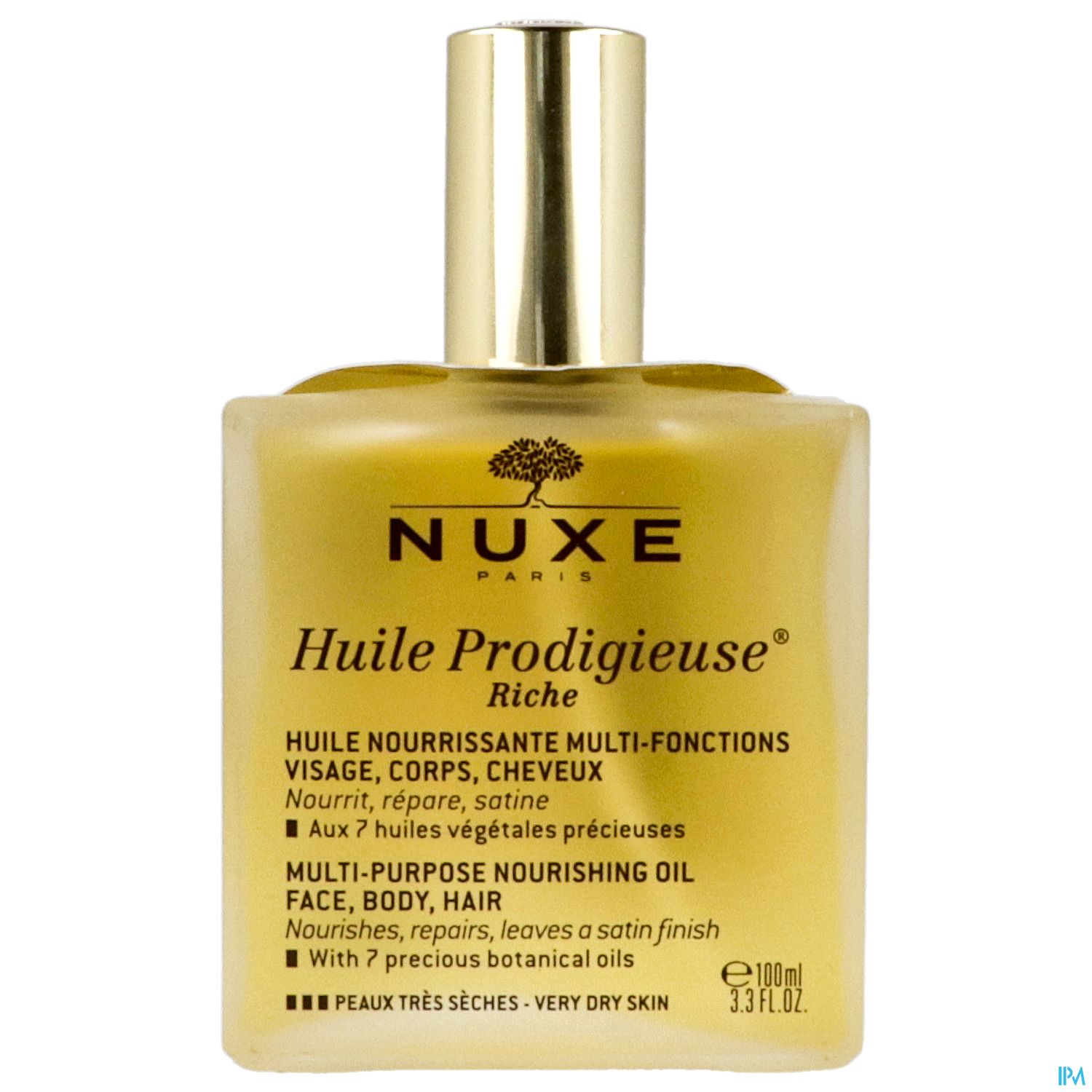 Flasche mit NUXE Huile Prodigieuse Riche, einem mehrzweck Öl für Gesicht, Körper und Haare, in transparenter Verpackung mit goldener Flüssigkeit und schwarzem Schriftzug.