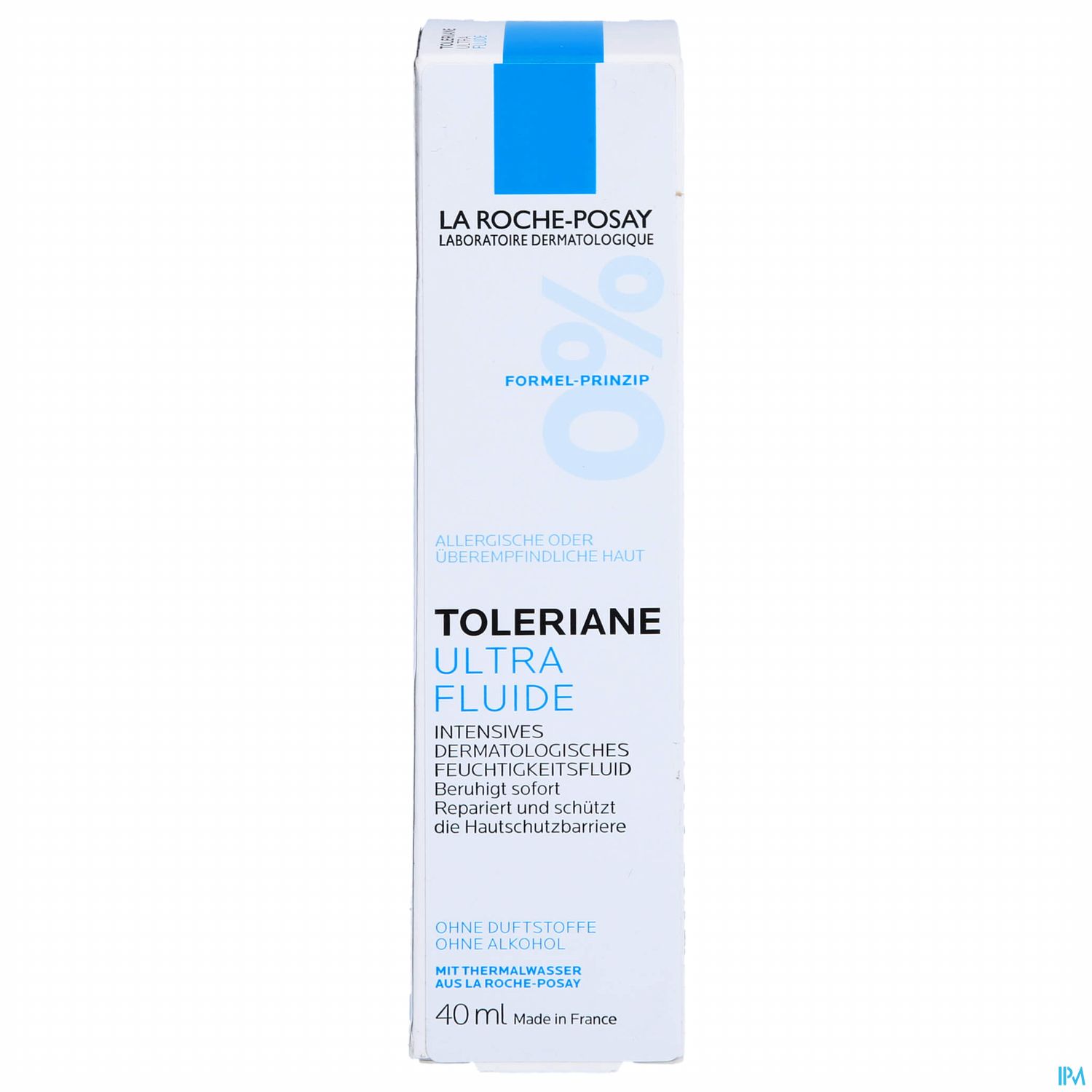 Produktverpackung von La Roche-Posay Toleriane Ultra Fluide, einem dermatologischen Feuchtigkeitsfluid für empfindliche Haut, 40 ml.