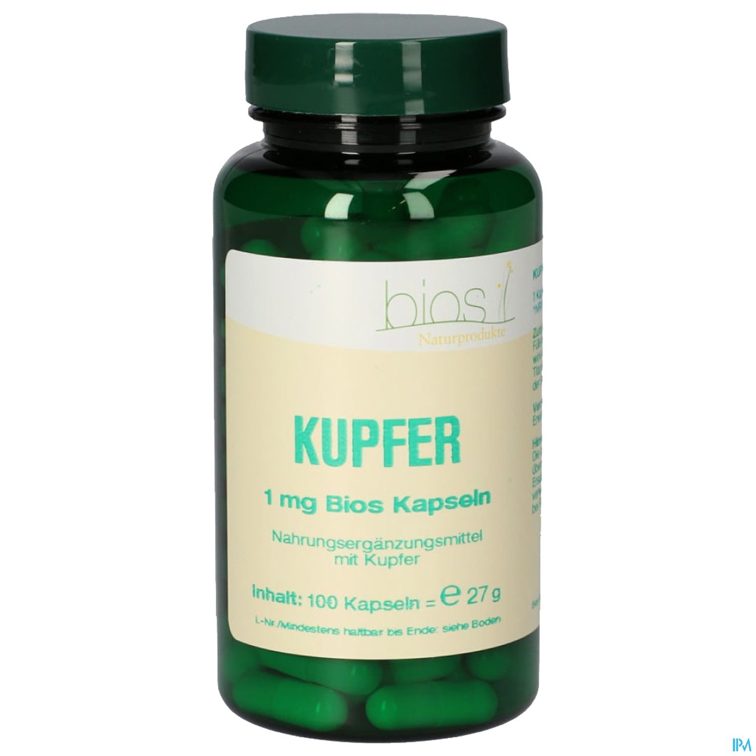 Grüne Kapsel-Flasche mit der Aufschrift "Kupfer", enthält 100 Kapseln.