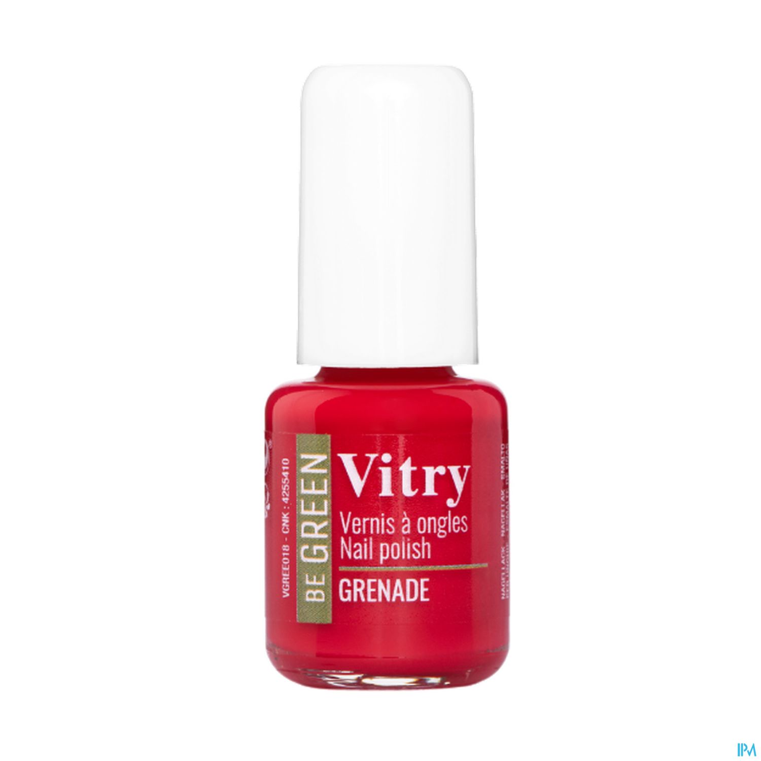 Roter Nagellack in einem Glasfläschchen mit weißem Deckel und der Beschriftung "Vitry Vernis à ongles Grenade".