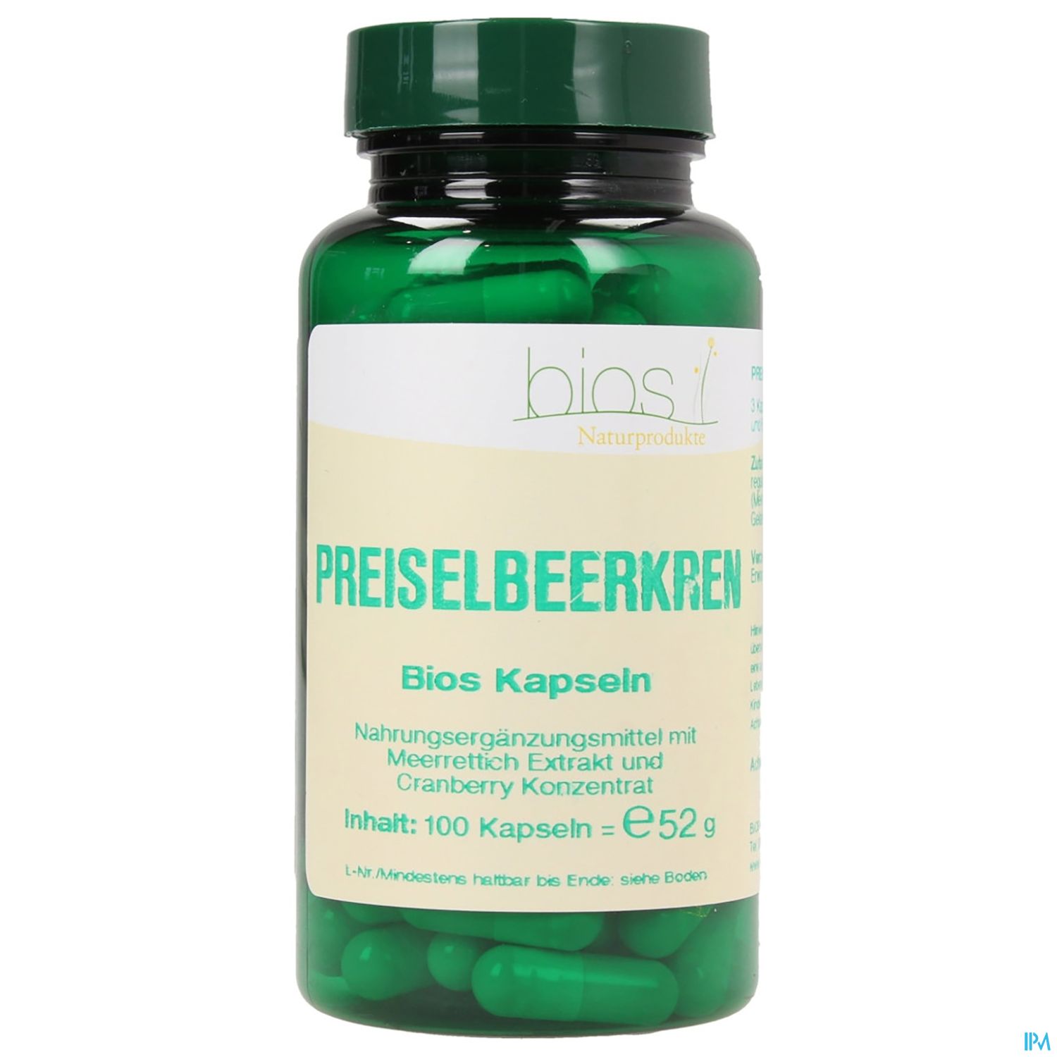 Flasche mit Preiselbeer Kapseln, Inhalt: 100 Kapseln, Beschreibung: Nahrungsergänzungsmittel mit Meerrettich Extrakt und Cranberry Konzentrat.