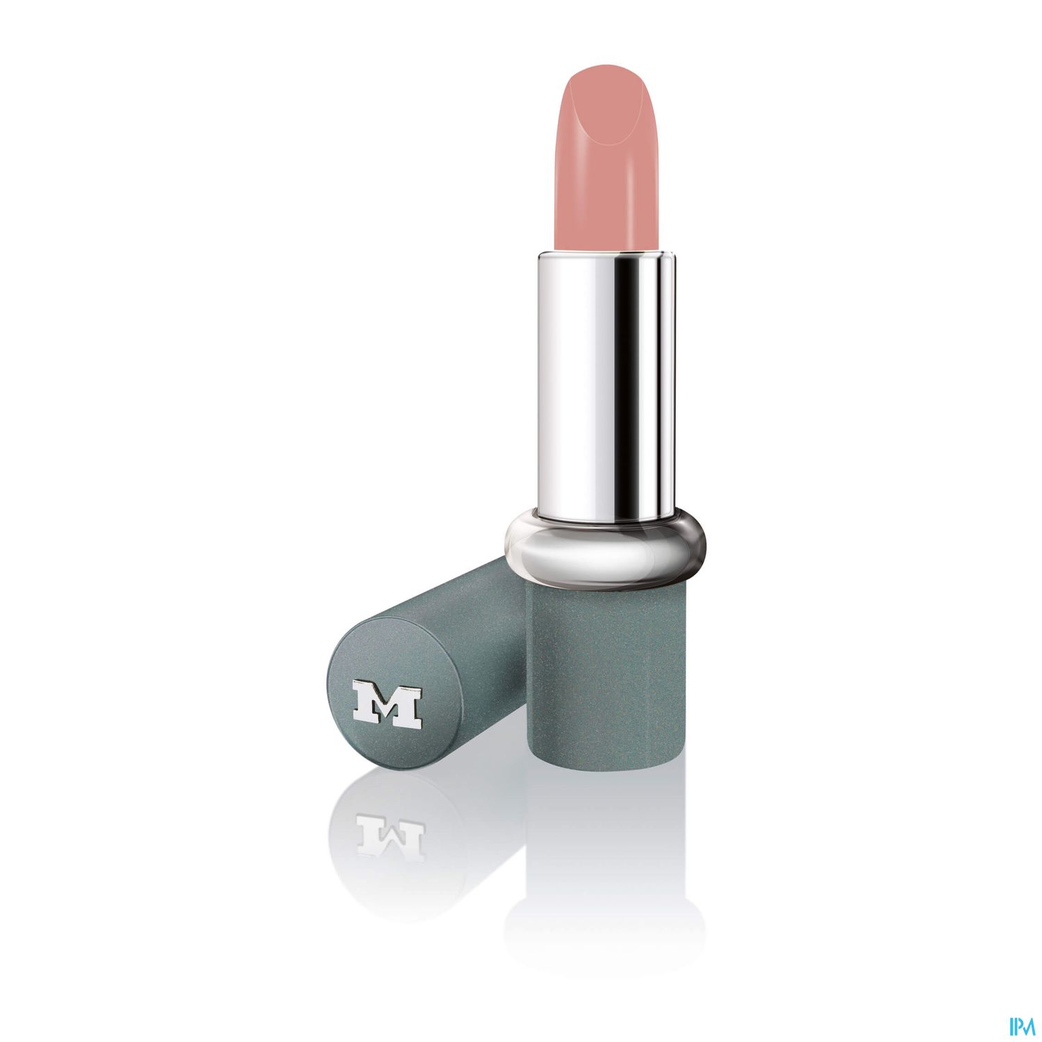 Ein Lippenstift in Nude-Farbe mit silberner Hülse und grauem Gehäuse.