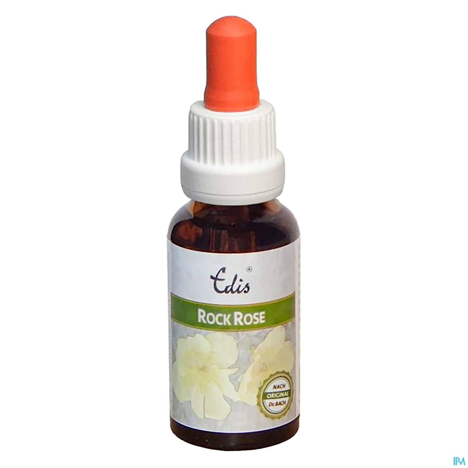 Flasche mit Tropfer, beschriftet mit "Rock Rose", Inhalt nicht sichtbar.