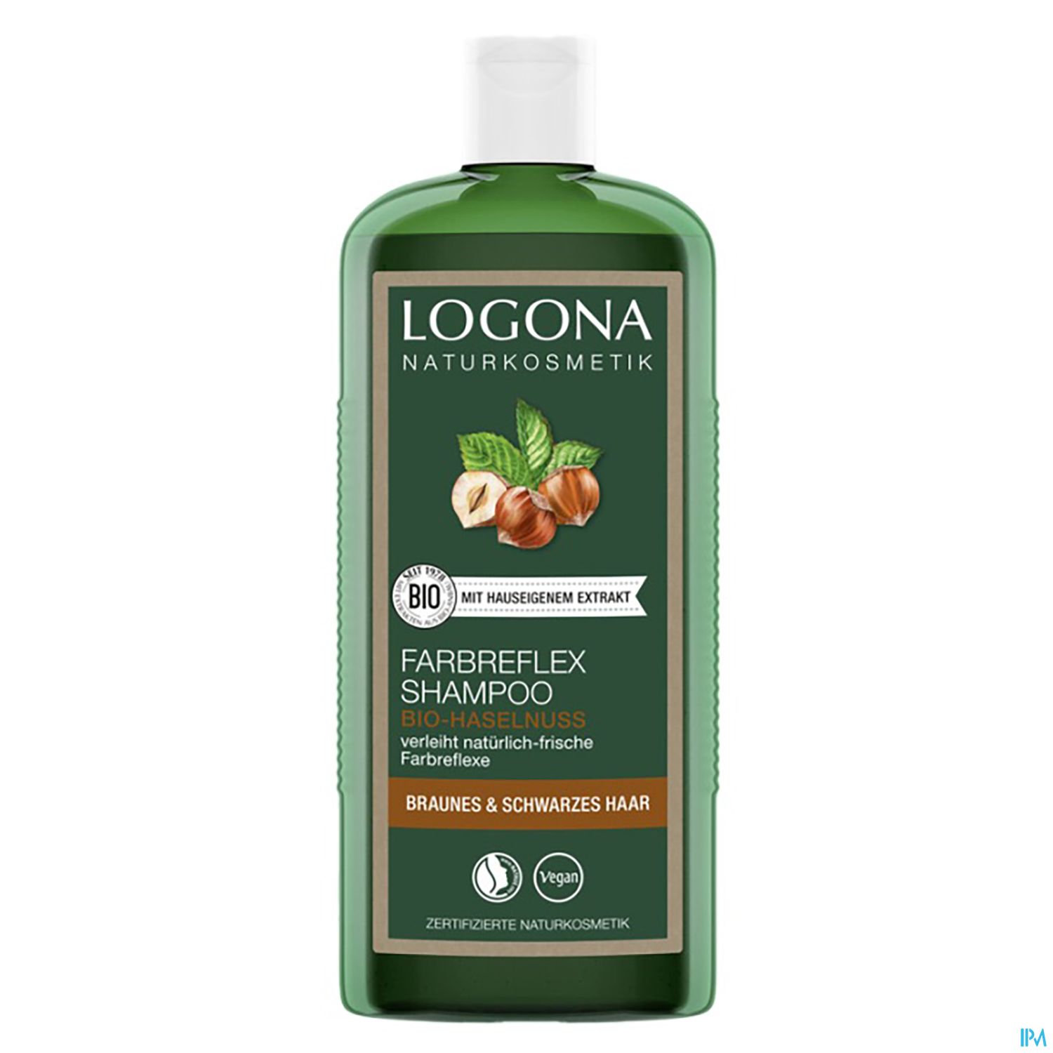 Grüne Flasche mit LOGONA Farbreflex Shampoo, das Haselnussextrakt enthält und für braunes und schwarzes Haar geeignet ist.