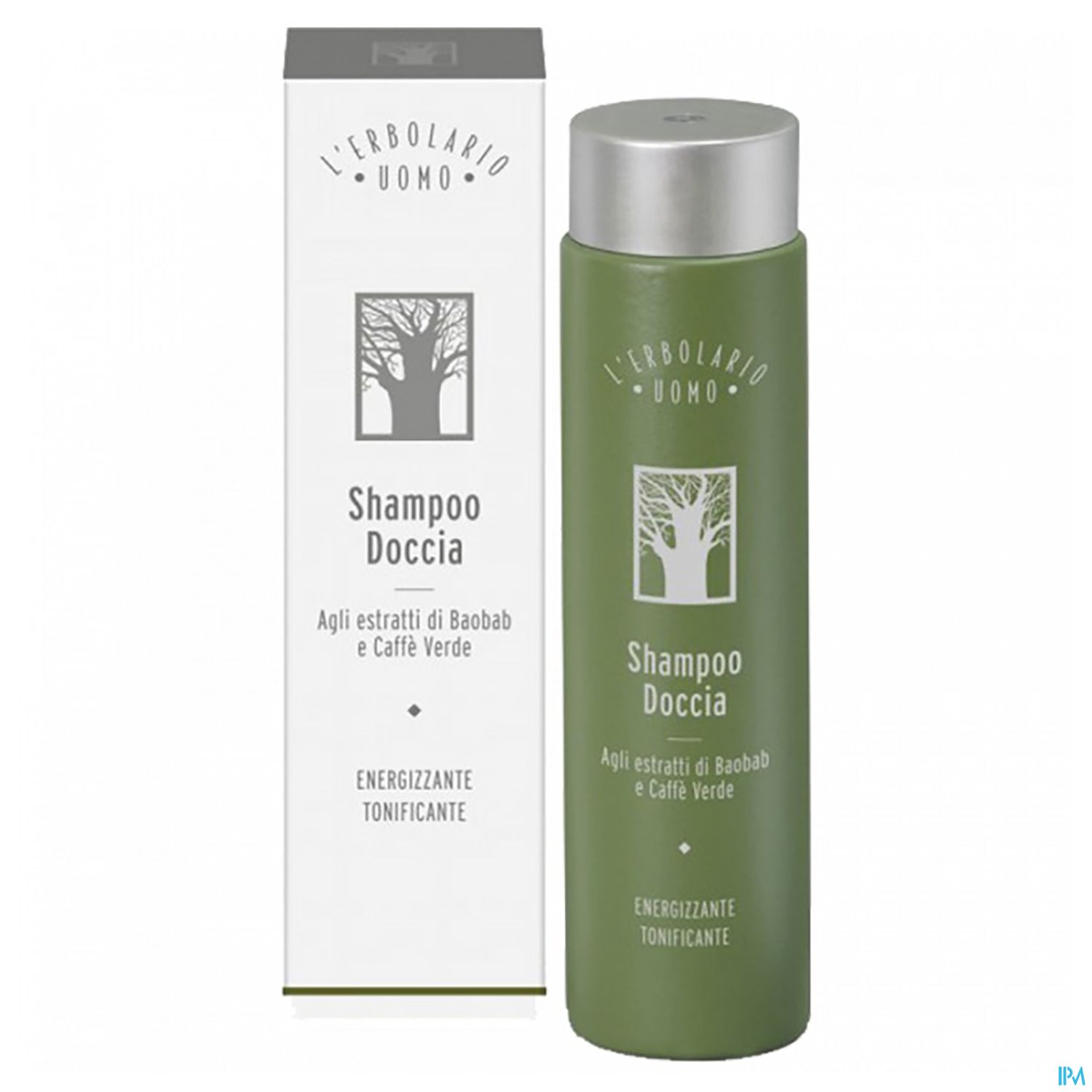 Grüne Shampoo-Flasche mit silbernem Deckel und Umverpackung, Beschriftung "Shampoo Doccia" und Hinweis auf Baobab- und Kaffee-Extrakte.