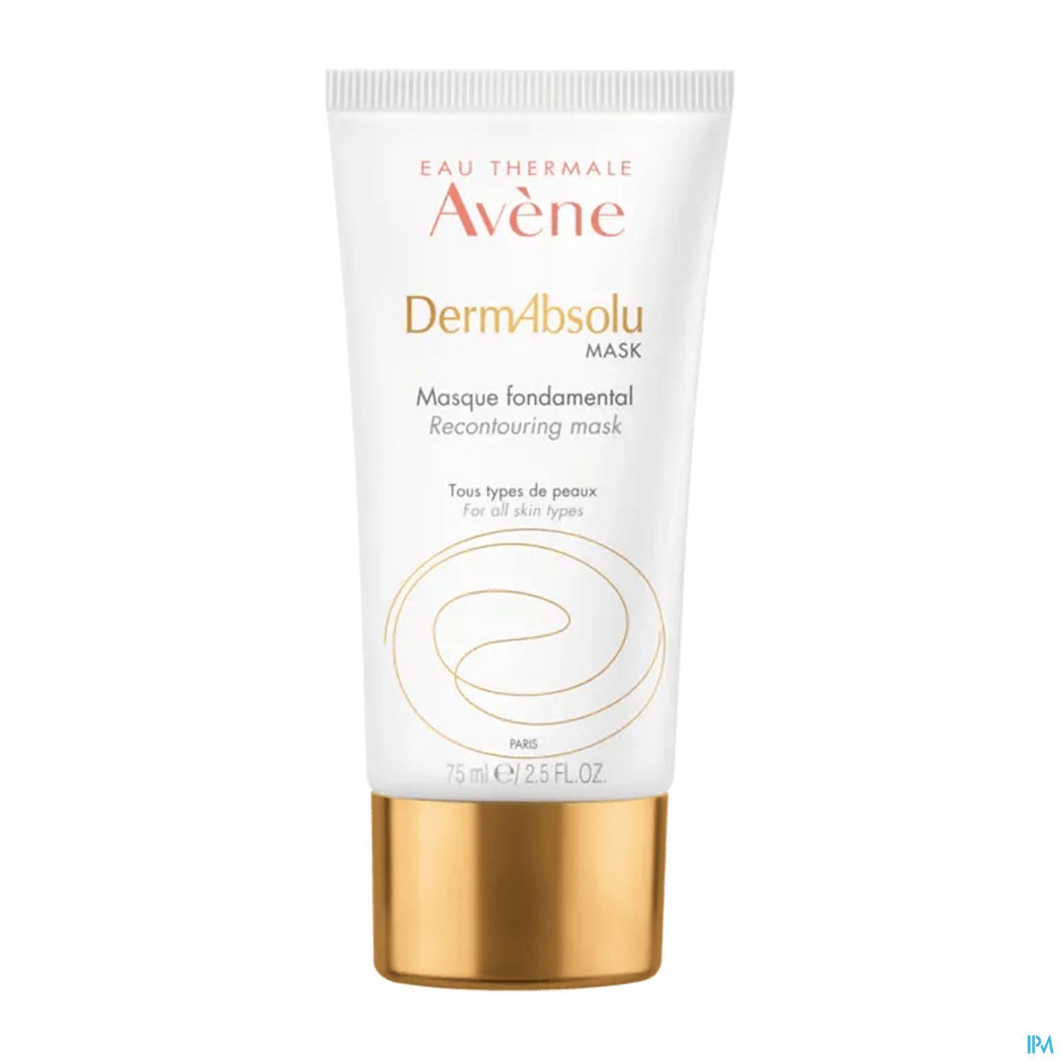 Tubenverpackung der Avene DermAbsolu Maske, 75 ml, mit goldfarbenem Verschluss und schwarzer Schrift.