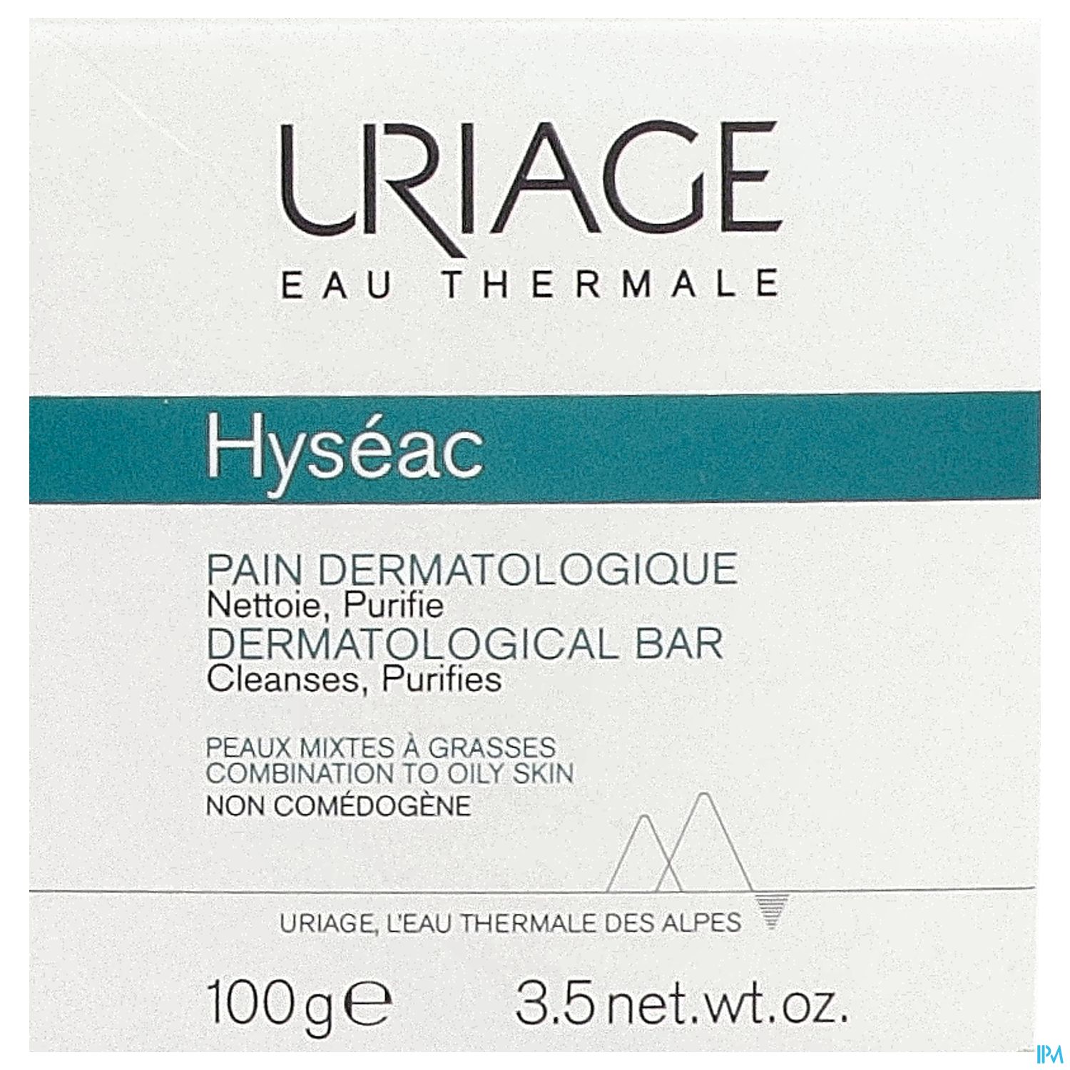 Produktverpackung von Uriage Hyseac mit der Beschreibung "Dermatologischer Riegel zur Reinigung und Purifikation für Mischhaut bis fettige Haut".