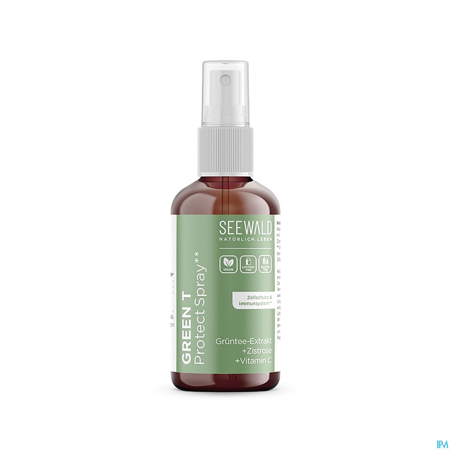 Braunflasche mit Pumpspray, beschriftet mit "GREEN T Protect Spray", enthält Zutaten wie Grünen Tee-Extrakt, Zistrosen und Vitamin C.