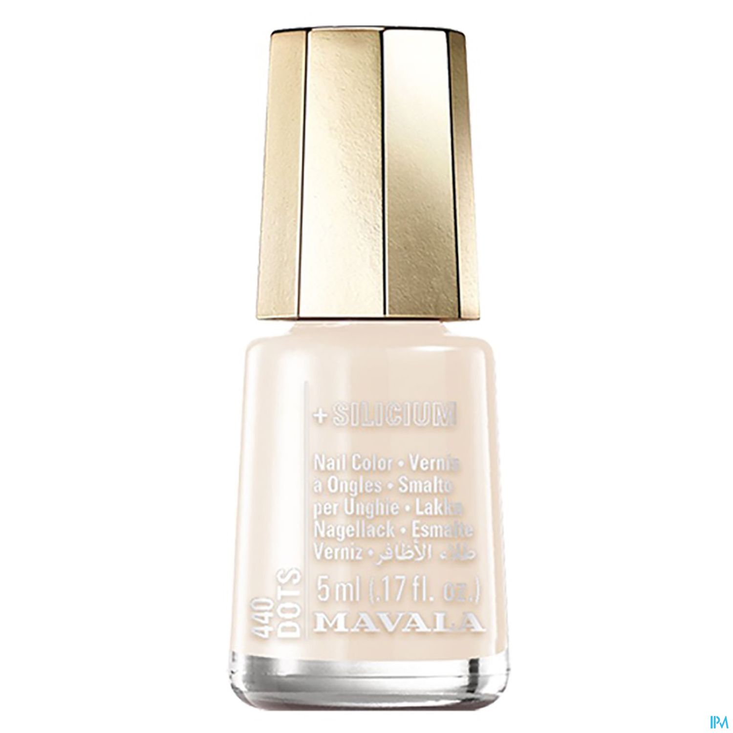 Nagellackflasche mit goldener Kappe und beiger Flüssigkeit, Beschriftung: "MAVALA +SILICIUM Nail Color 440 DOTS".