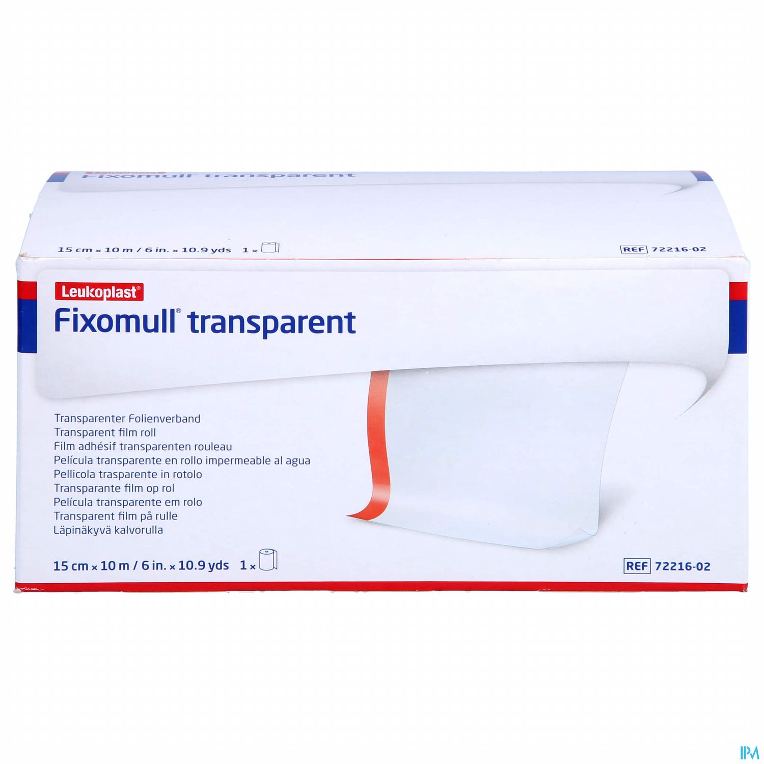 Verpackung von Fixomull transparent, einem transparenten Folienverband, mit Produktinformationen in mehreren Sprachen.