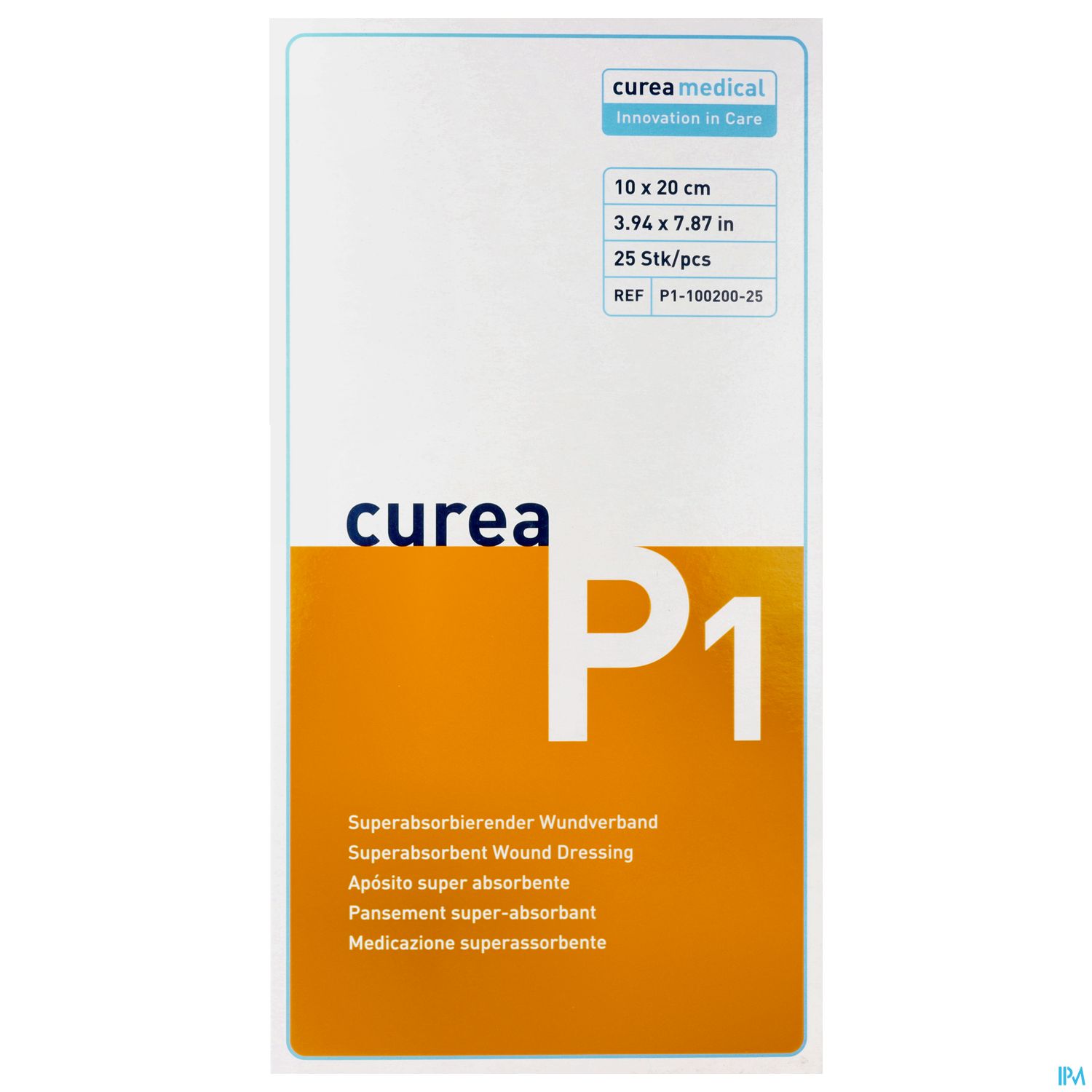 Verpackung eines superabsorbierenden Wundverbandes "curea P1", Größe: 10 x 20 cm, mit mehrsprachiger Beschreibung.