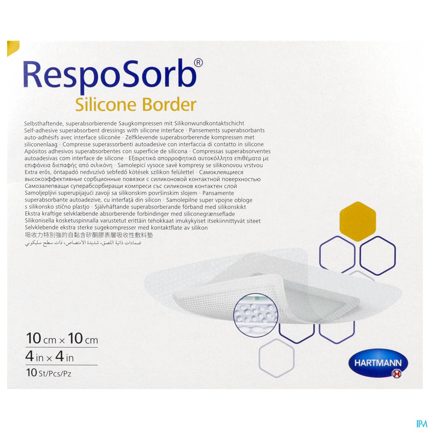 Produktverpackung von RespoSorb Silicone Border, 10 cm x 10 cm, mit Beschreibung und Anwendungshinweisen.